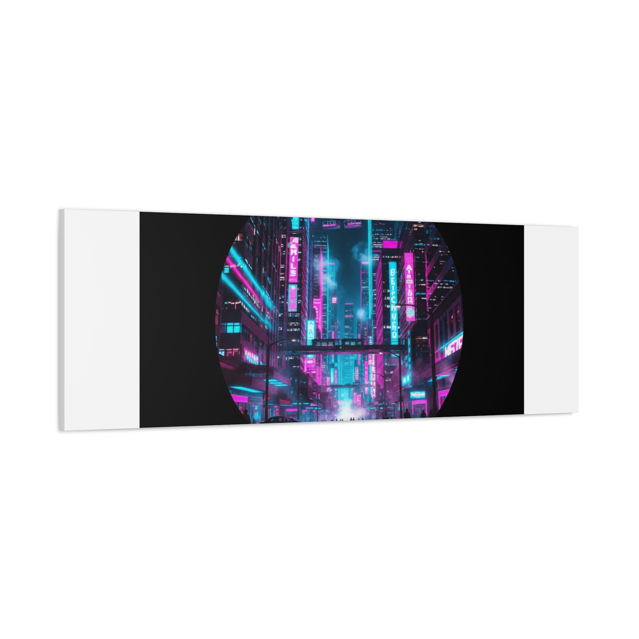 Neon Cyberpunk Cityscape Canvas | synthwave skyline, future city art