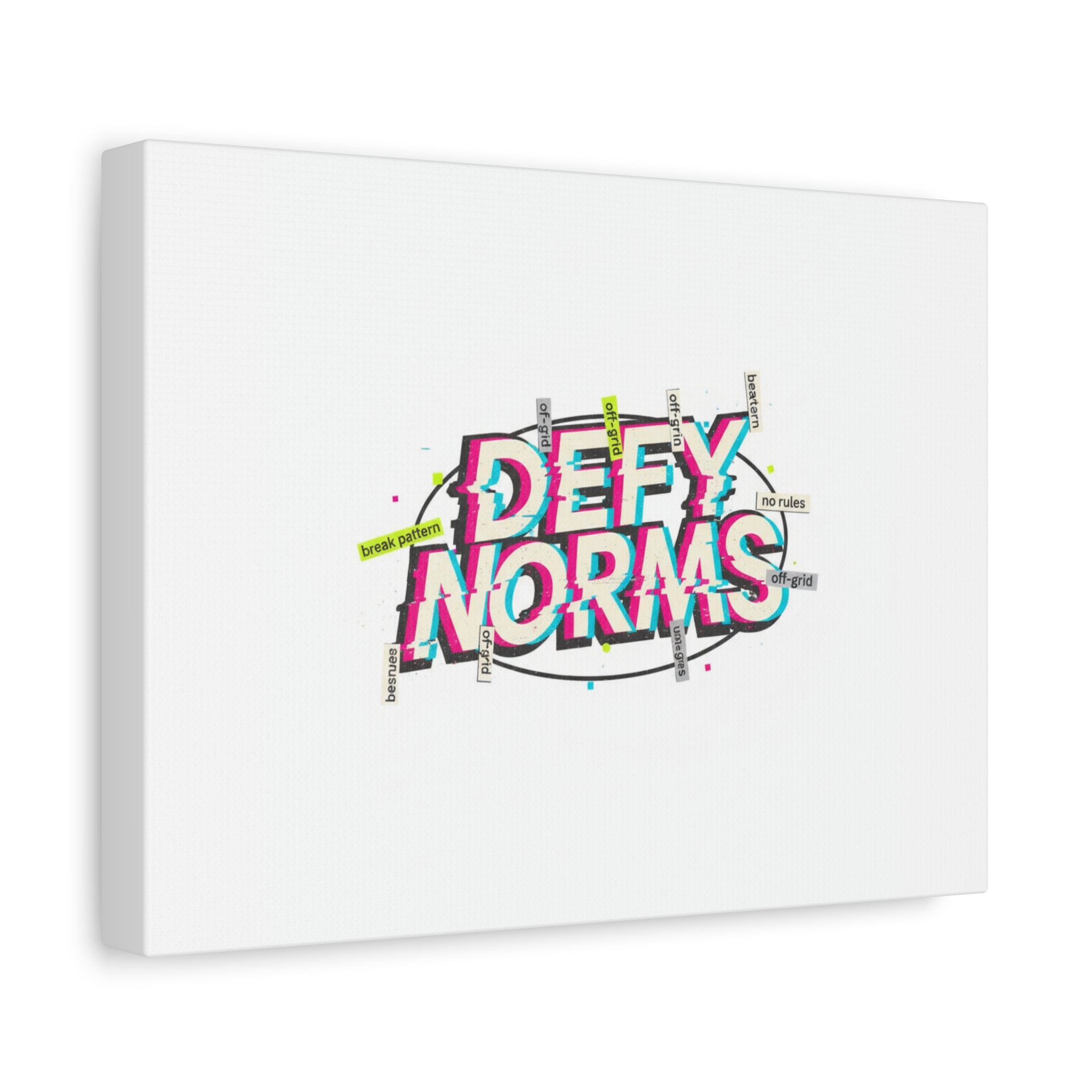 Defy Norms Canvas, Anti-Aesthetic Glitch Typography, Brutalist Poster Style