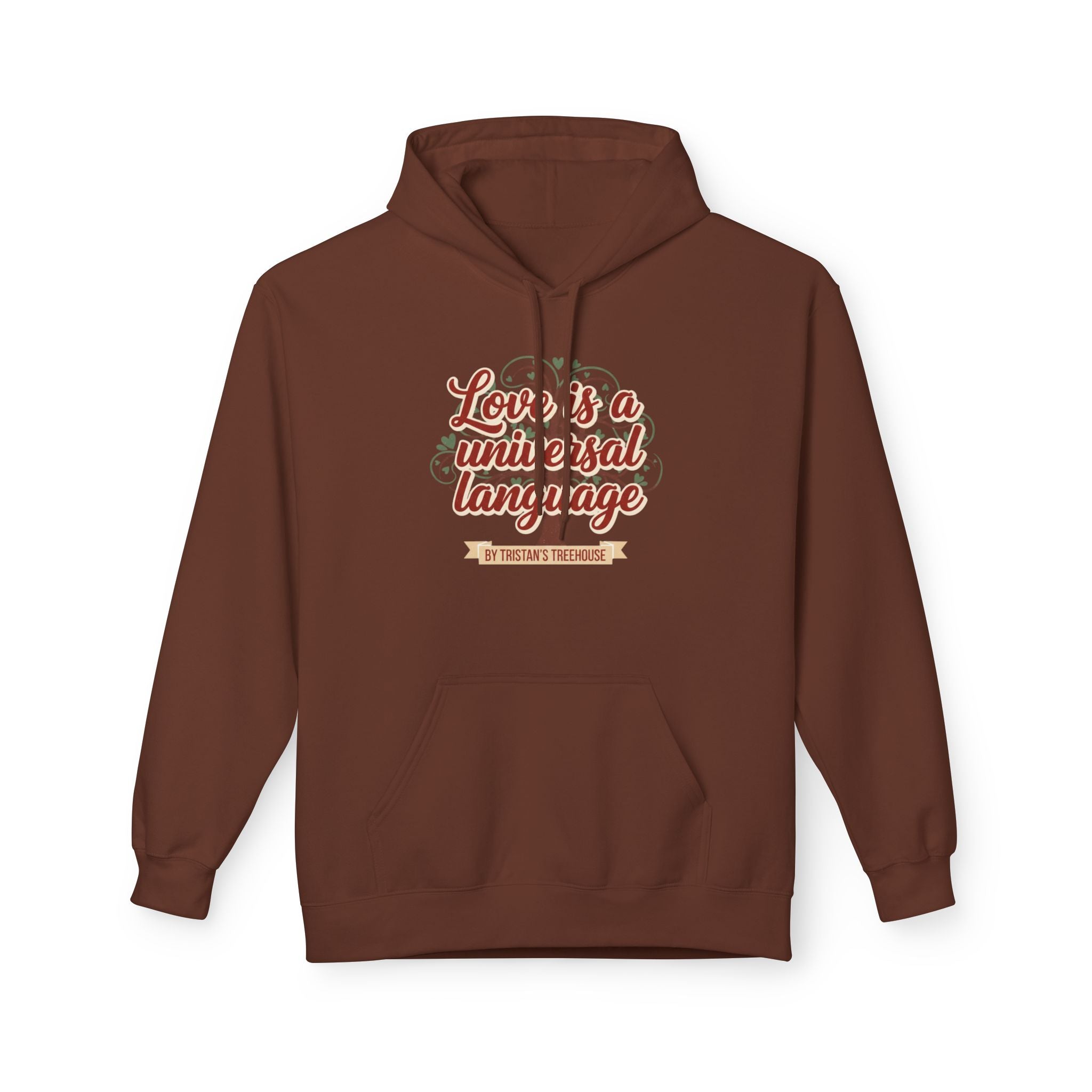 Hoodie — “Love is a Universal Language” Cozy Retro Cabin Graphic Hoodie