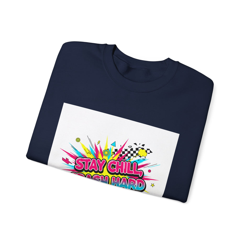 Stay Chill Crash Out Crewneck Sweatshirt | neon graffiti meltdown design