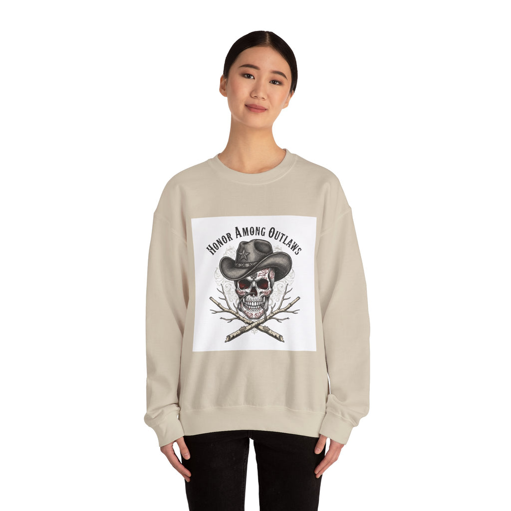 Honor Among Outlaws Crewneck, western skull art | gothic Americana, desert noir design