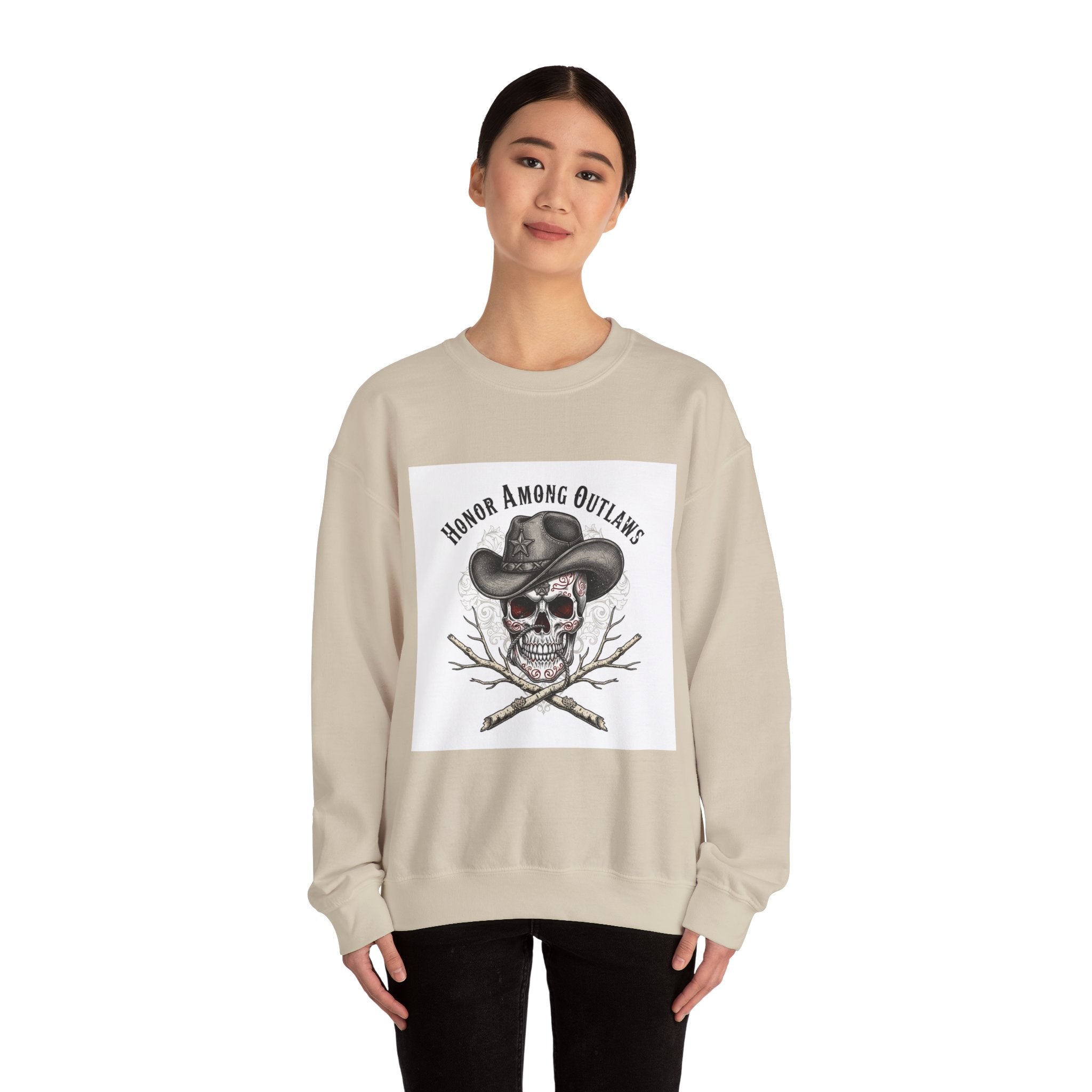 Honor Among Outlaws Crewneck, western skull art | gothic Americana, desert noir design