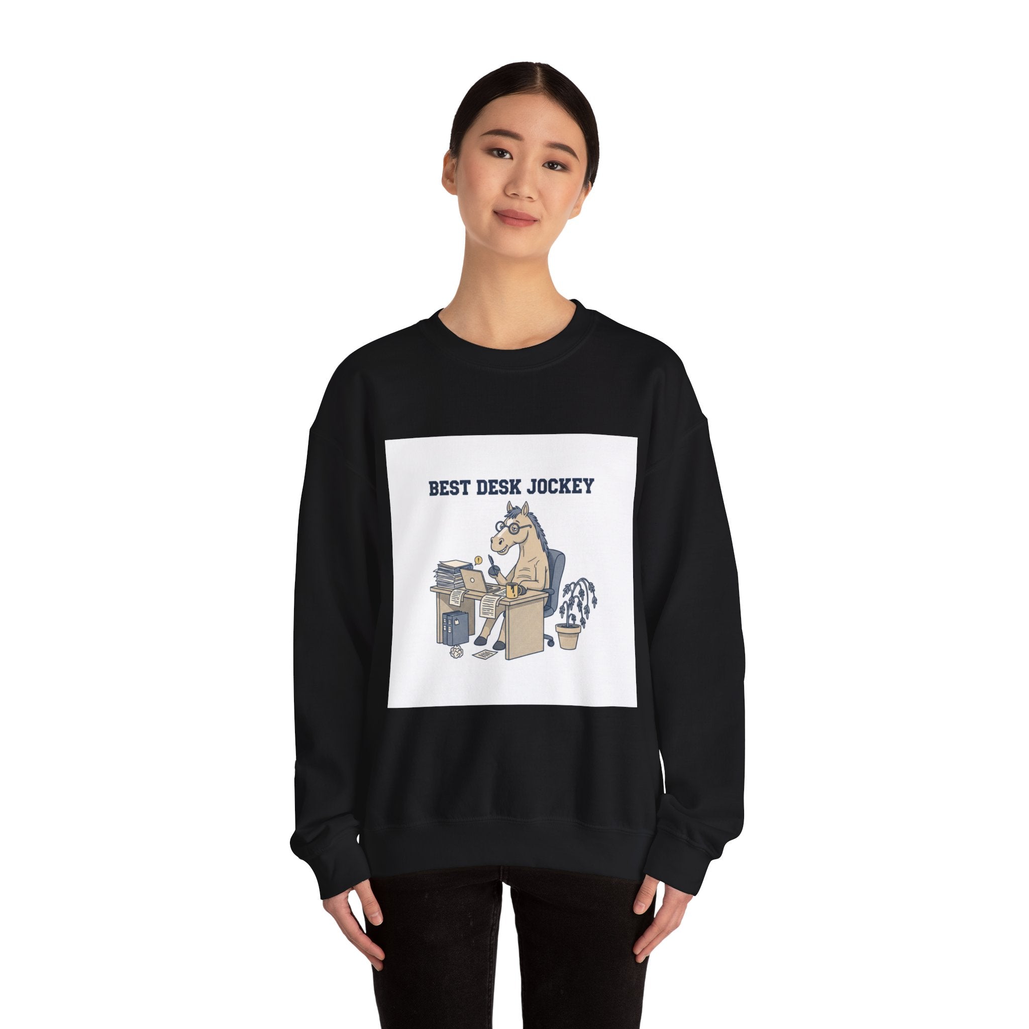 Workhorse Desk Jockey Sweatshirt | corporate burnout parody, collegiate horse design
