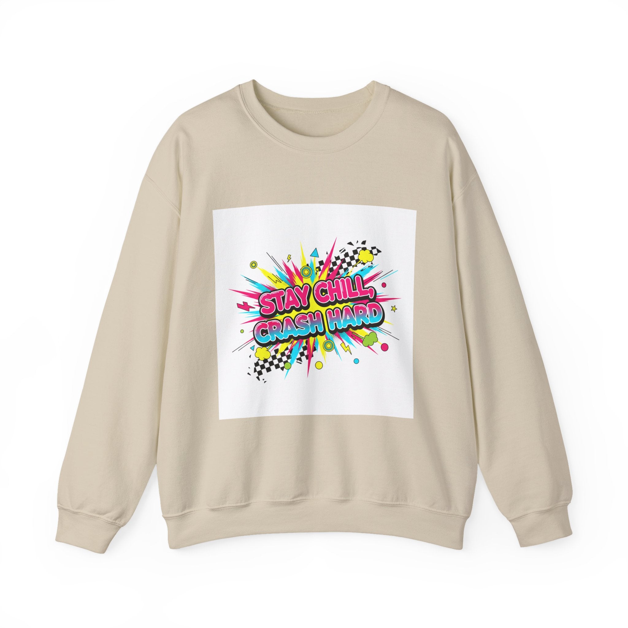Stay Chill Crash Out Crewneck Sweatshirt | neon graffiti meltdown design
