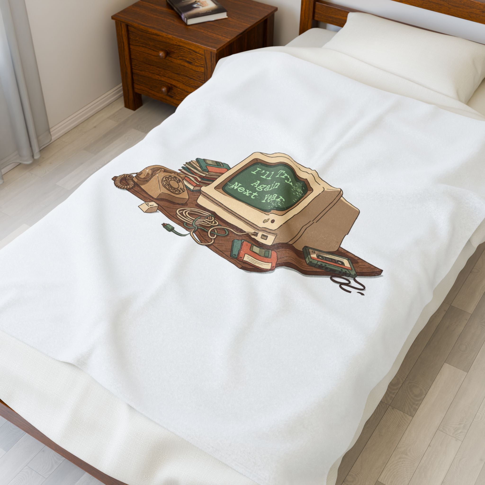 “I’ll Try Again Next Year” Retro Computer Blanket | Resolution Skepticism, January Burnout