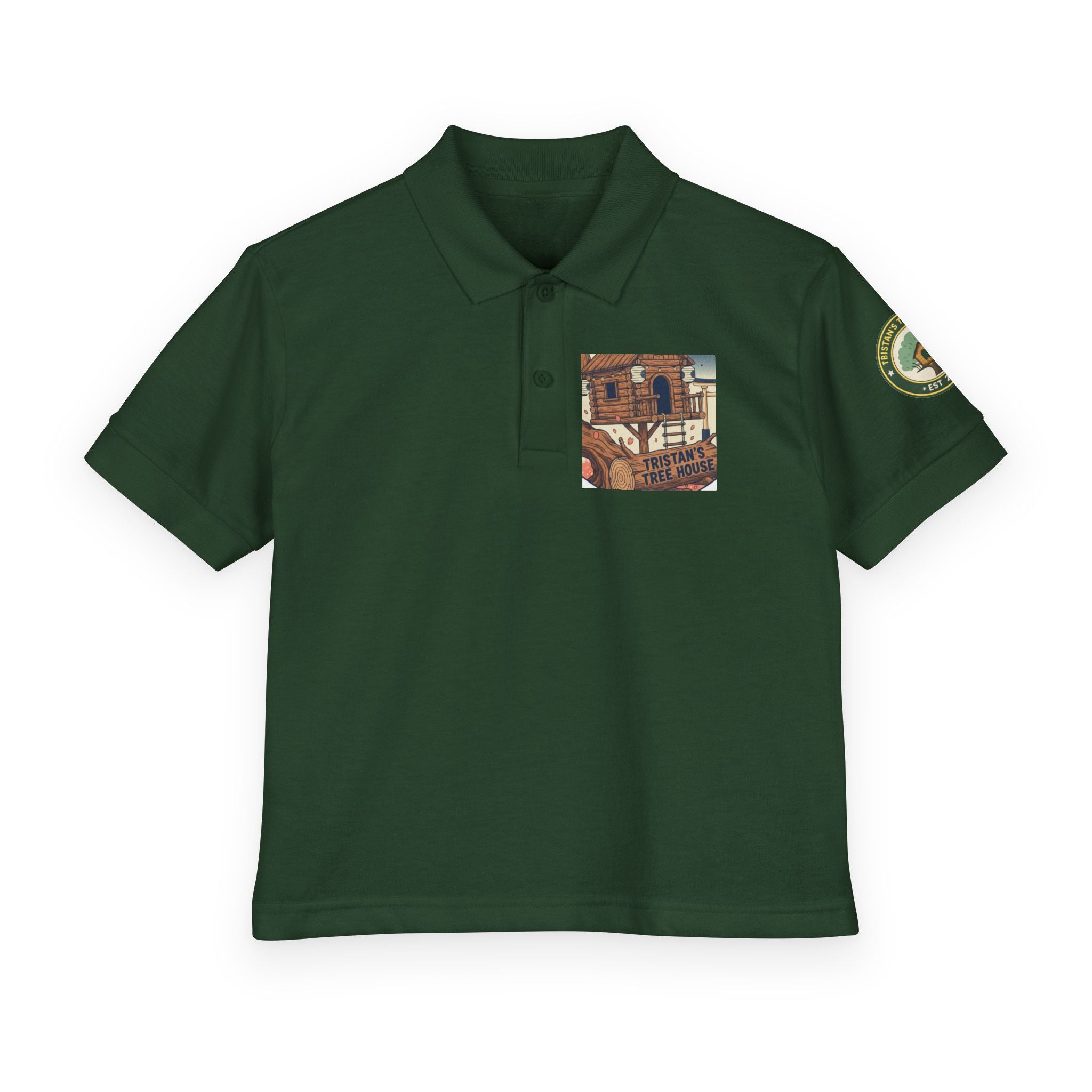 Youth Polo Shirt with Vintage Ski Lodge Pocket & Patch — Kids Outdoor/Resort Style