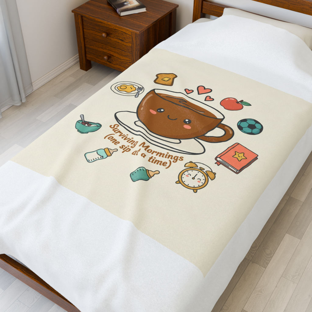 Surviving Mornings Coffee Mug Illustration Velveteen Plush Blanket | Parenting Morning Humor