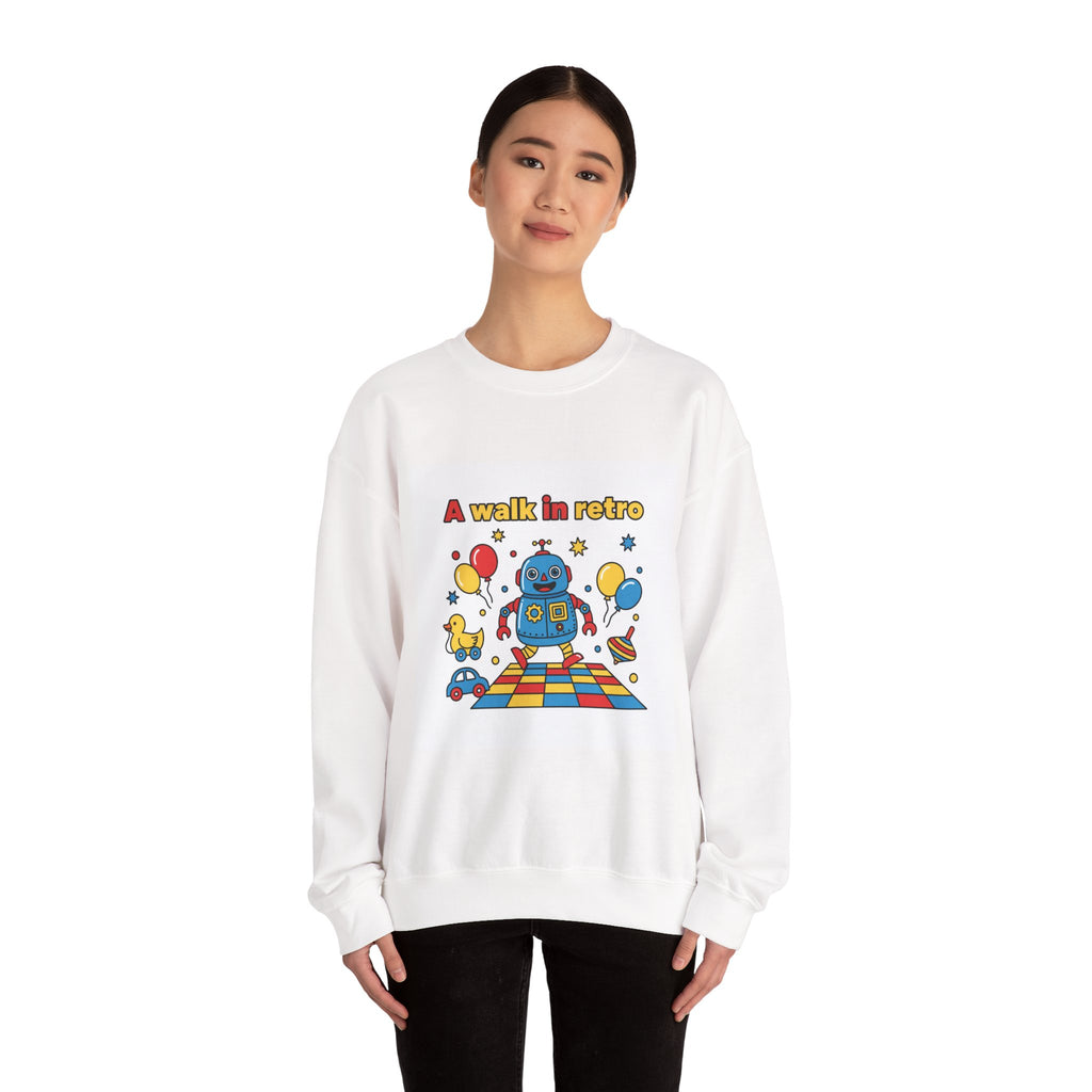 Retro Toy Robot Crewneck Sweatshirt | Throwback Kid, Primary Color Retro
