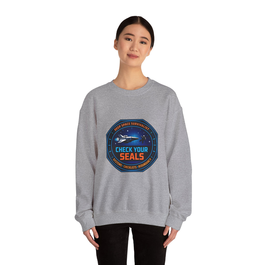 Check Your Seals Mission Patch Crewneck, hard sci‑fi space survival, mission patch sweatshirt