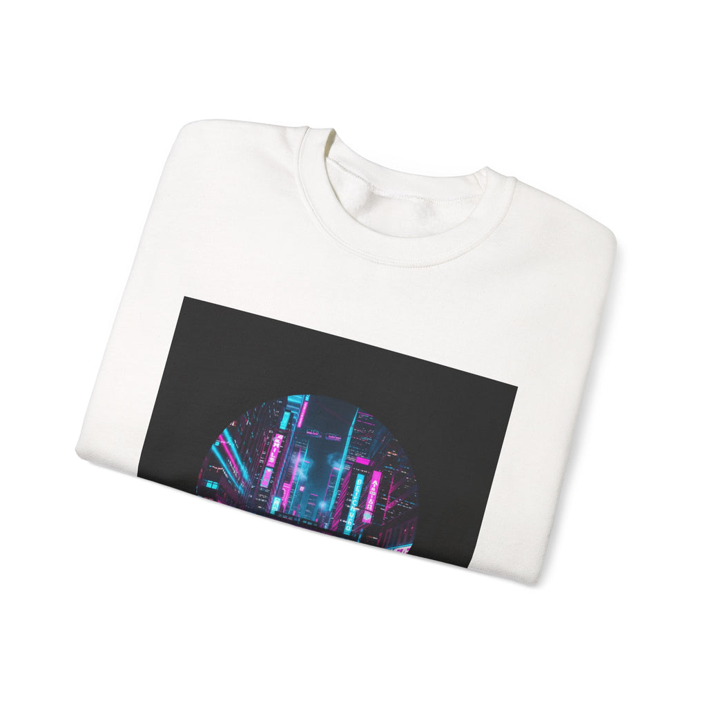 Neon Cyberpunk Skyline Sweatshirt | synthwave cityscape, future city art
