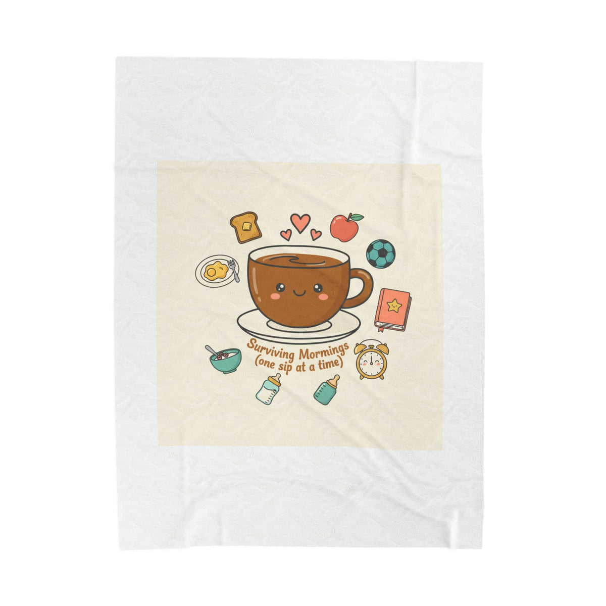 Surviving Mornings Coffee Mug Illustration Velveteen Plush Blanket | Parenting Morning Humor