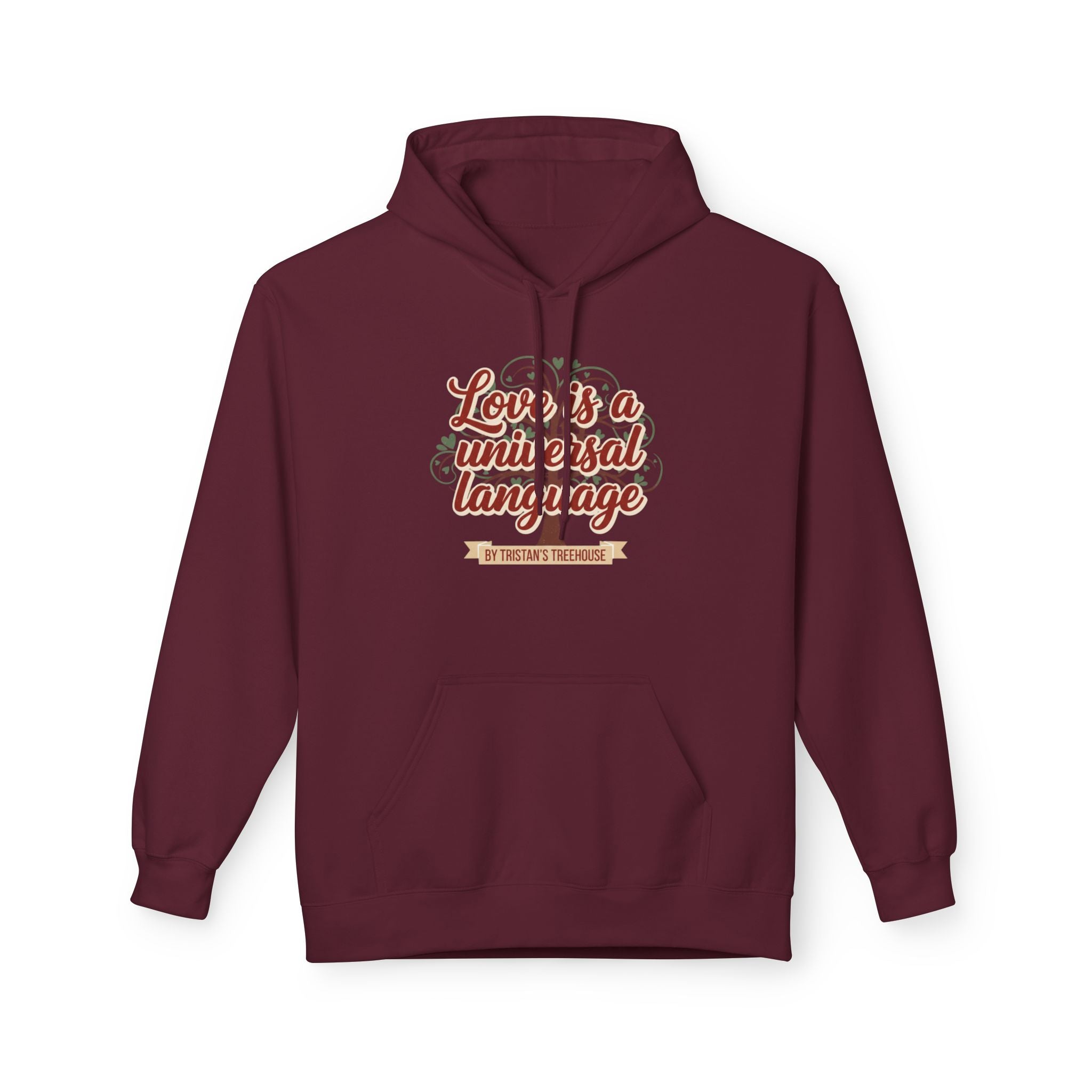 Hoodie — “Love is a Universal Language” Cozy Retro Cabin Graphic Hoodie