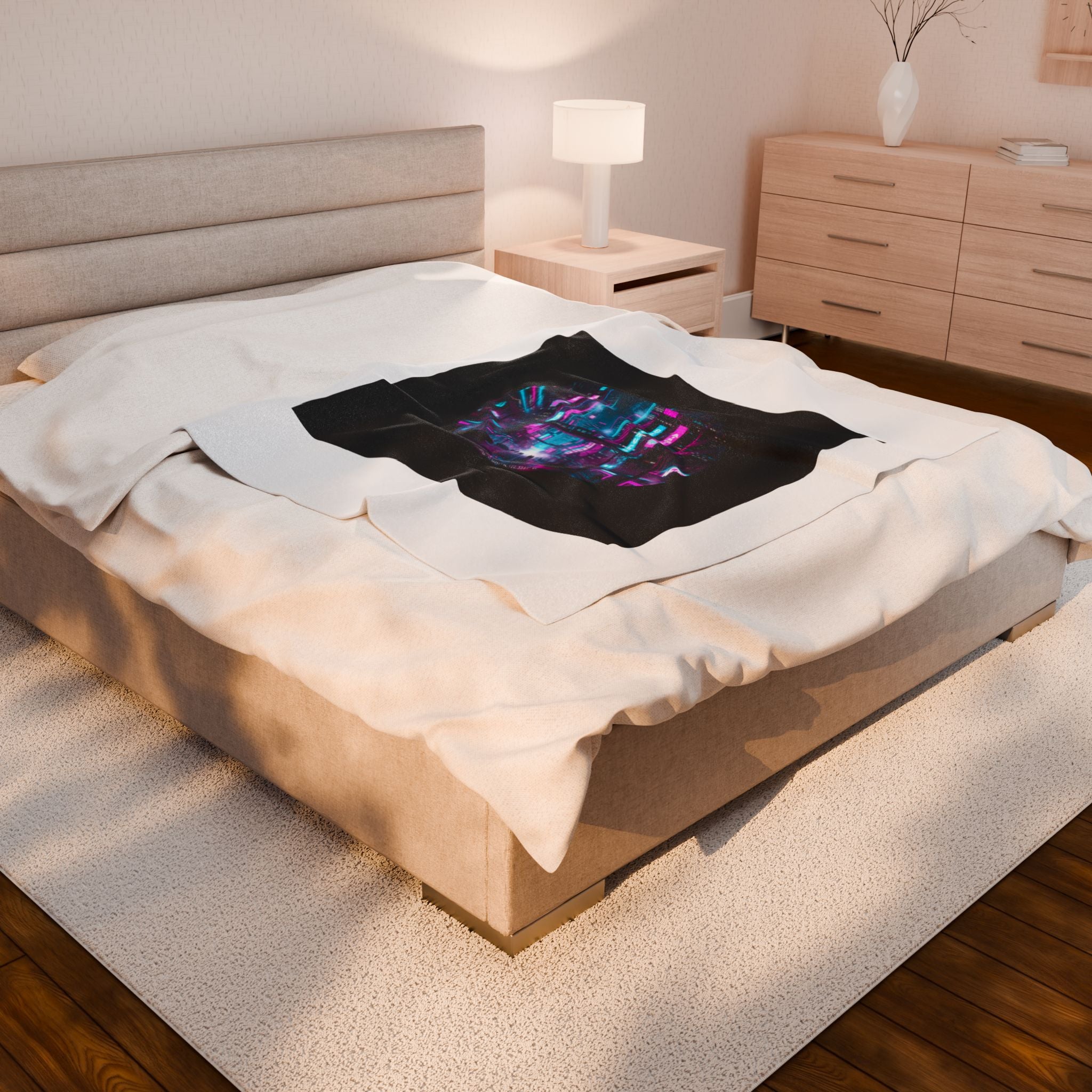 Neon Cyberpunk Cityscape Velveteen Plush Blanket | synthwave skyline