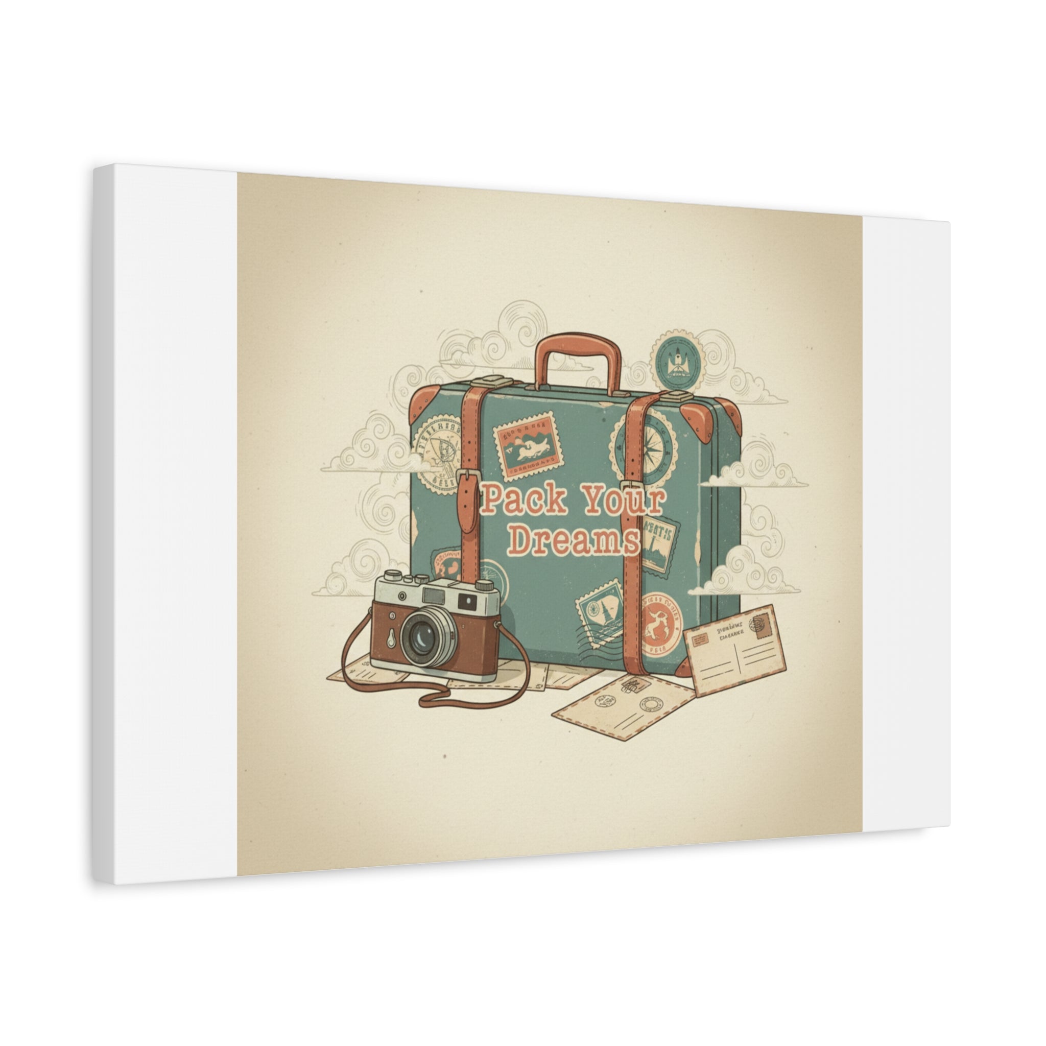 Pack Your Dreams Canvas | Retro Travel Postcard, Wanderlust Passport Stamp Art