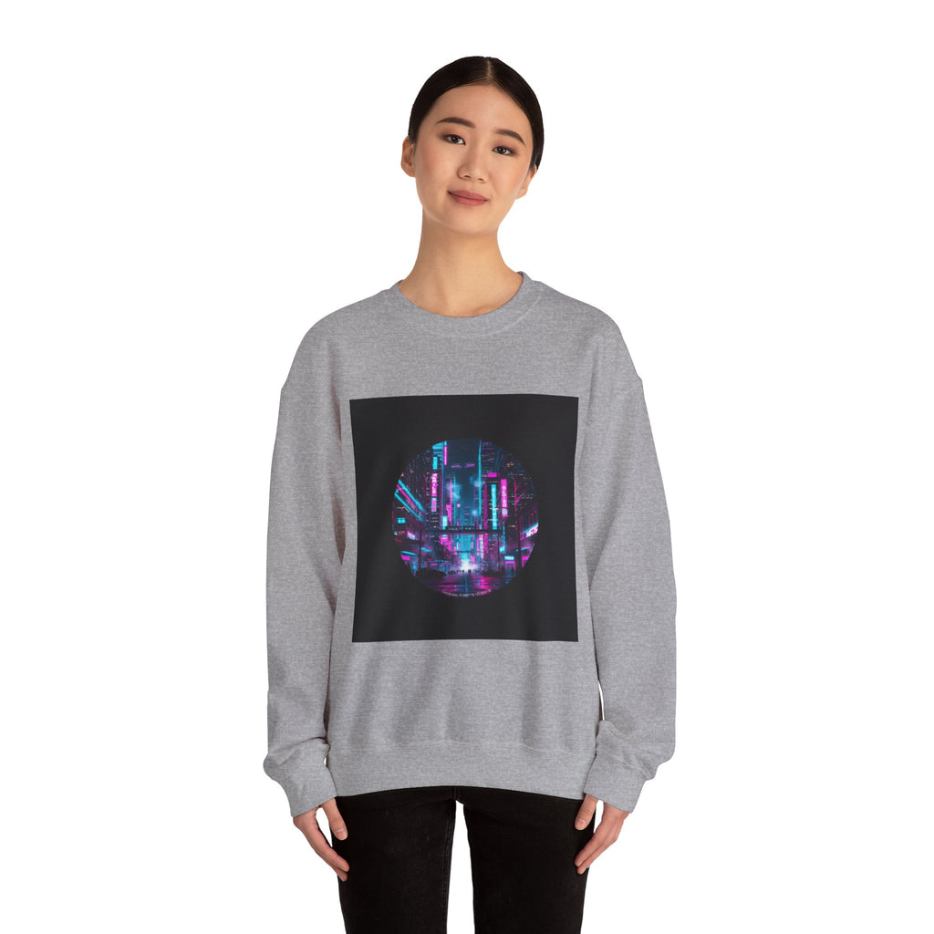 Neon Cyberpunk Skyline Sweatshirt | synthwave cityscape, future city art