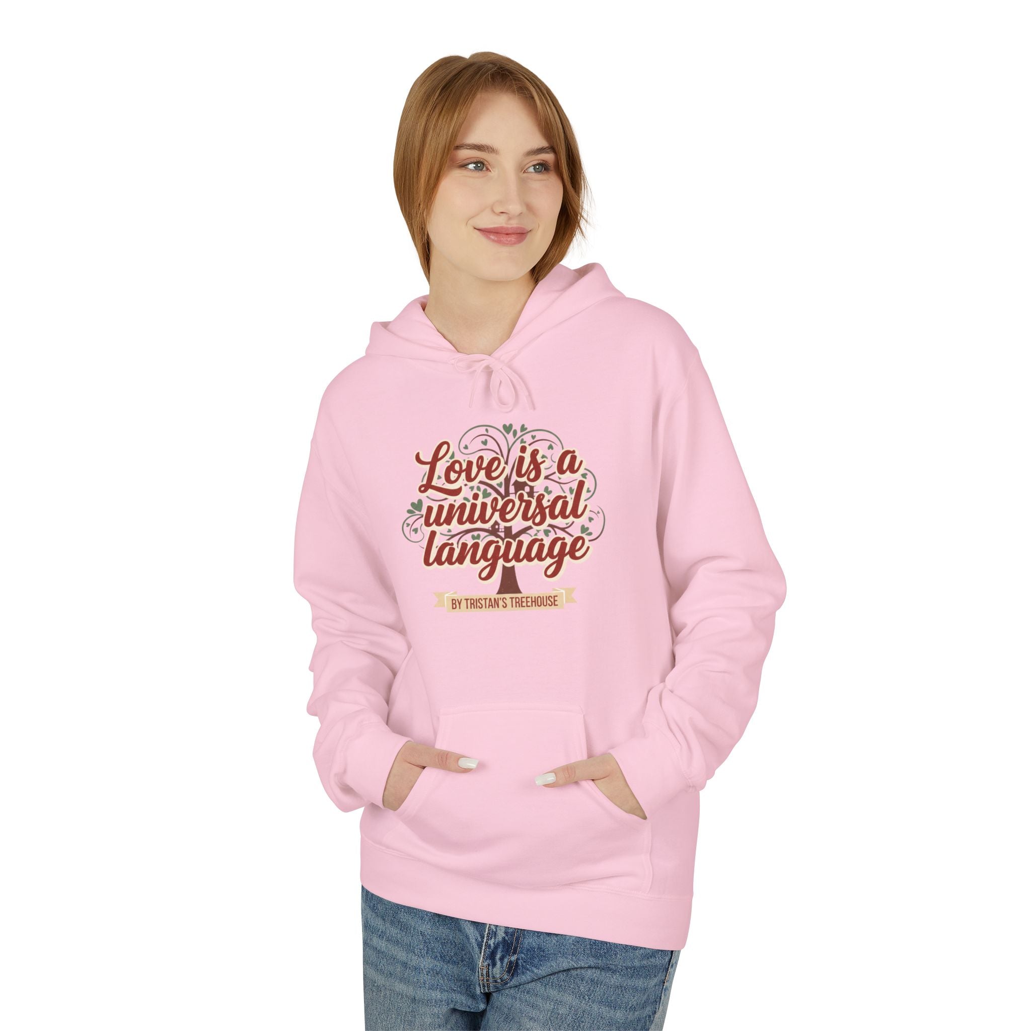 Hoodie — “Love is a Universal Language” Cozy Retro Cabin Graphic Hoodie