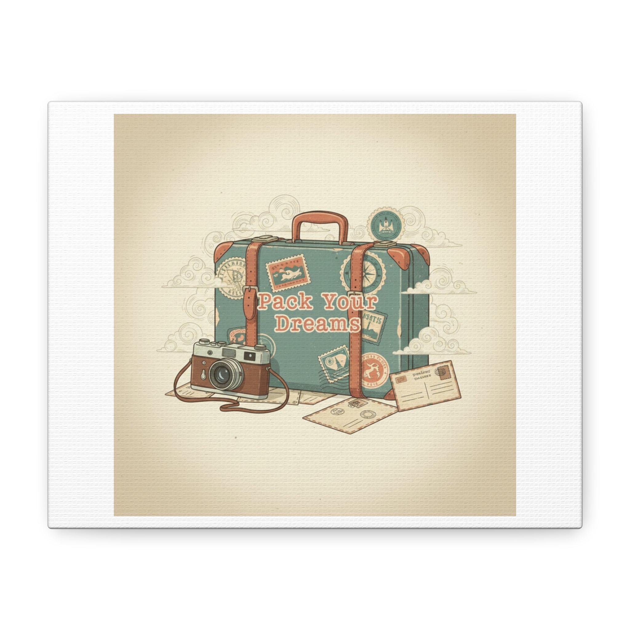 Pack Your Dreams Canvas | Retro Travel Postcard, Wanderlust Passport Stamp Art
