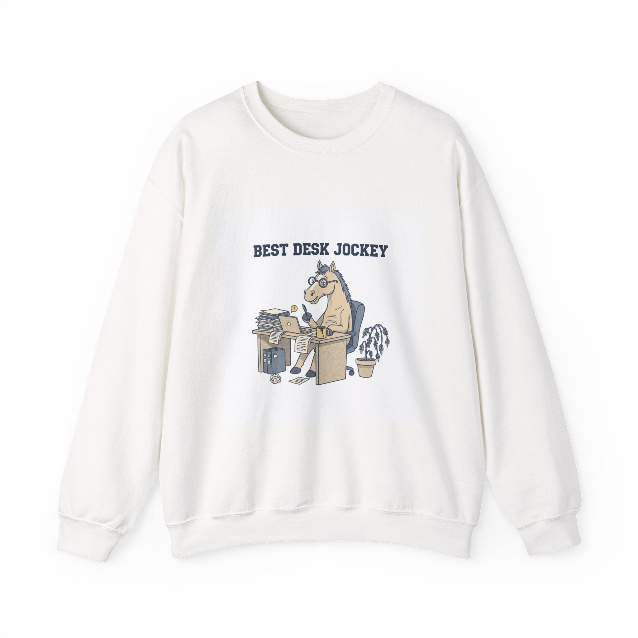 Workhorse Desk Jockey Sweatshirt | corporate burnout parody, collegiate horse design