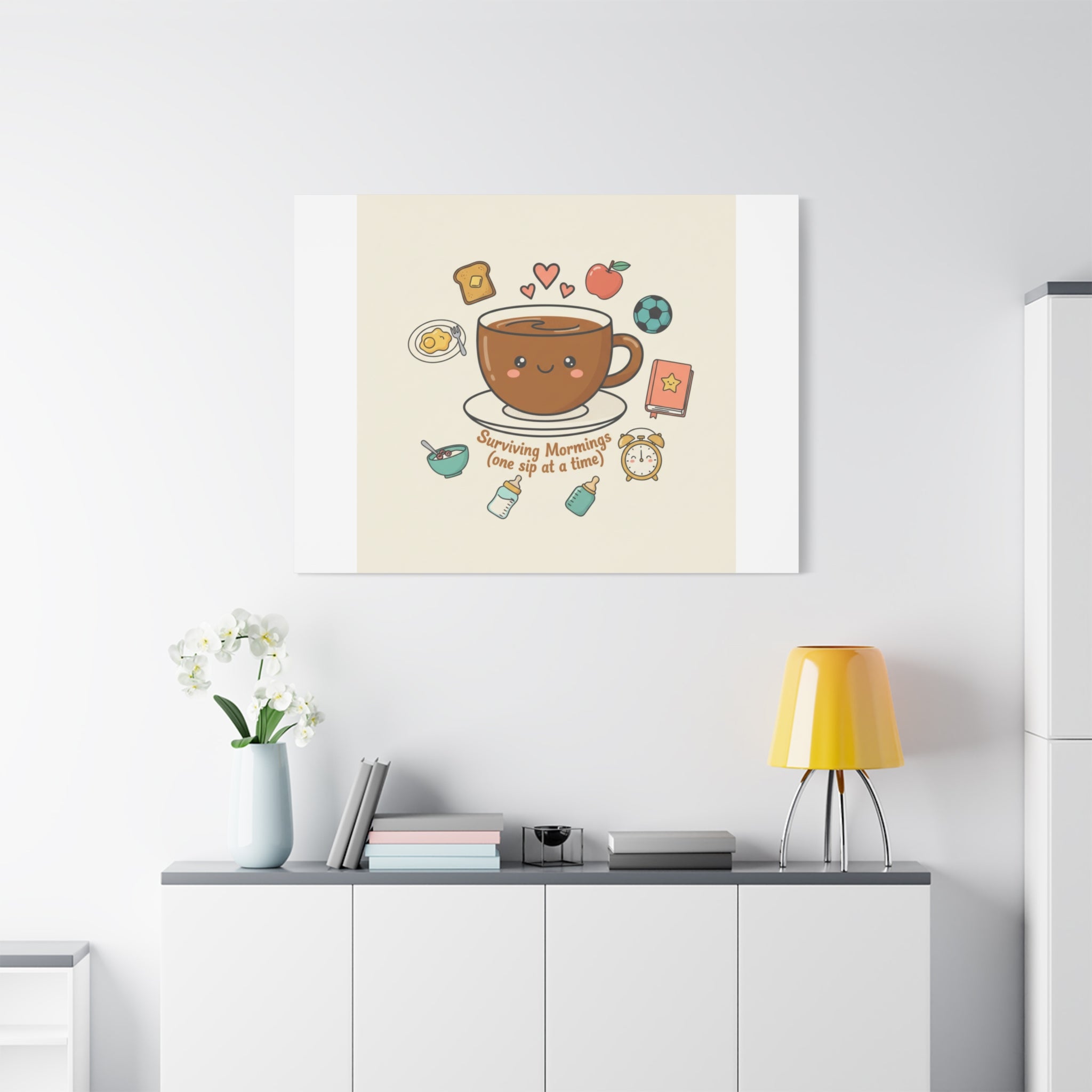 Surviving Mornings (One Sip at a Time) Canvas | Parenting Morning Humor, Coffee & Kids