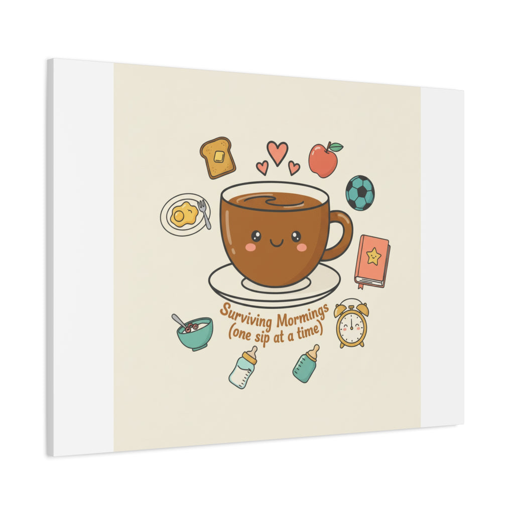 Surviving Mornings (One Sip at a Time) Canvas | Parenting Morning Humor, Coffee & Kids