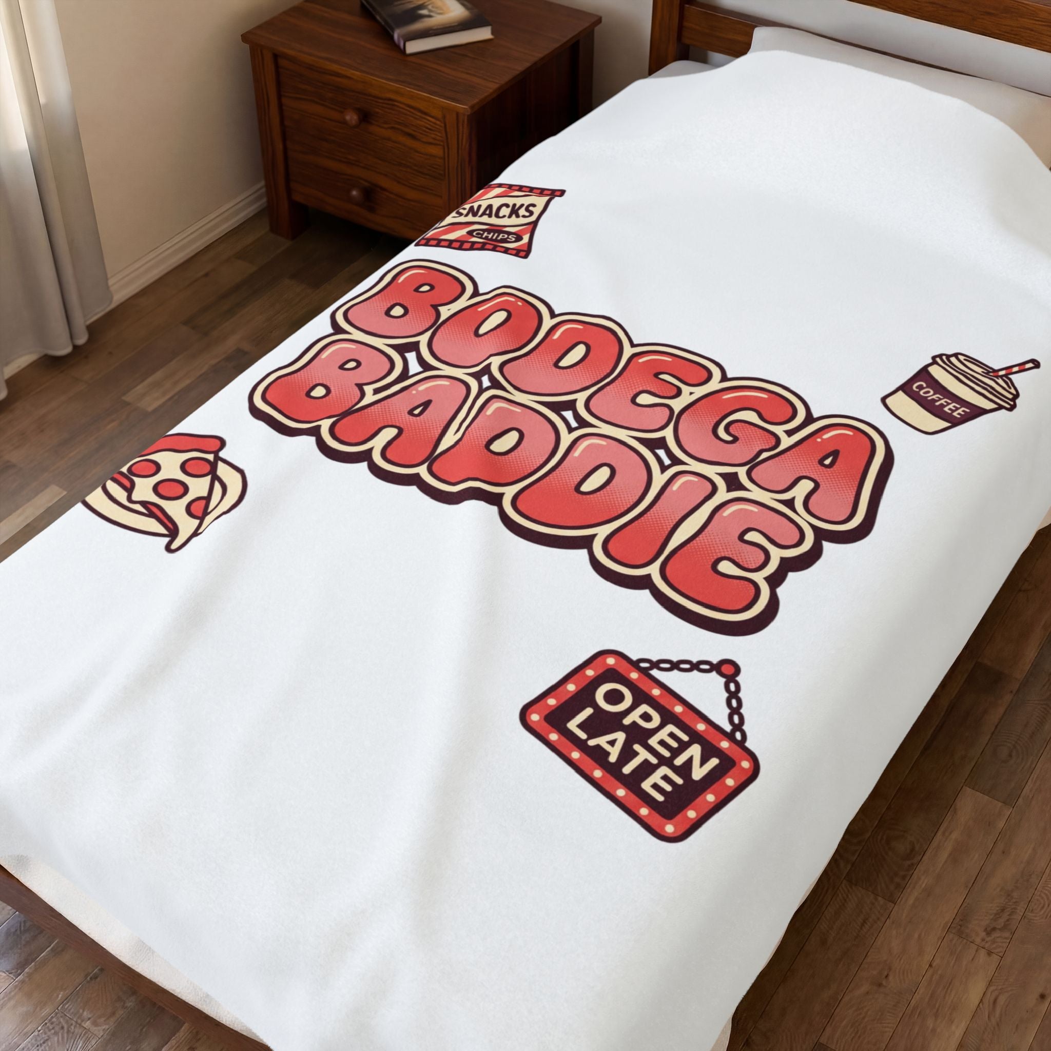 Bodega Baddie Velveteen Blanket | NYC Y2K deli sign, Spanglish cherries
