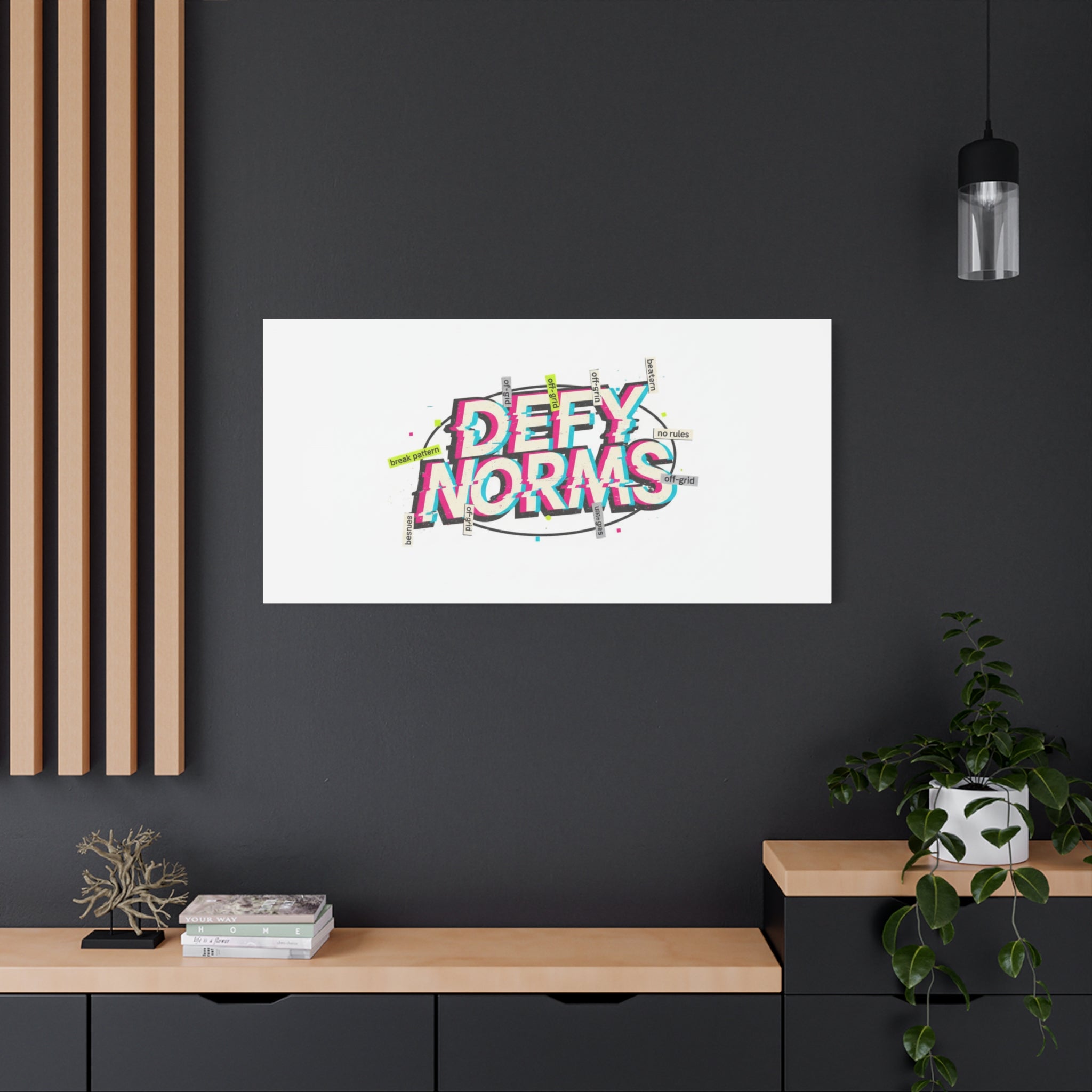 Defy Norms Canvas, Anti-Aesthetic Glitch Typography, Brutalist Poster Style
