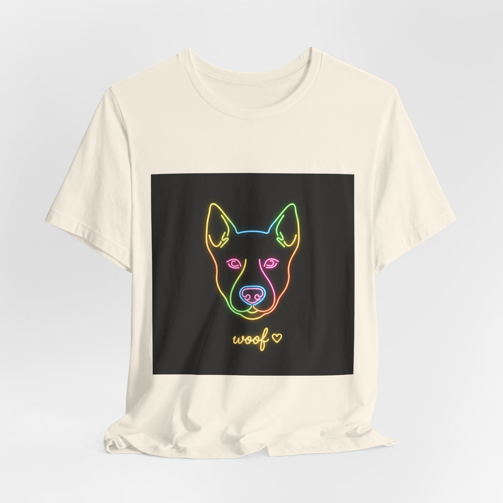 Neon Dog Face Tee — "Woof" Graphic T-Shirt