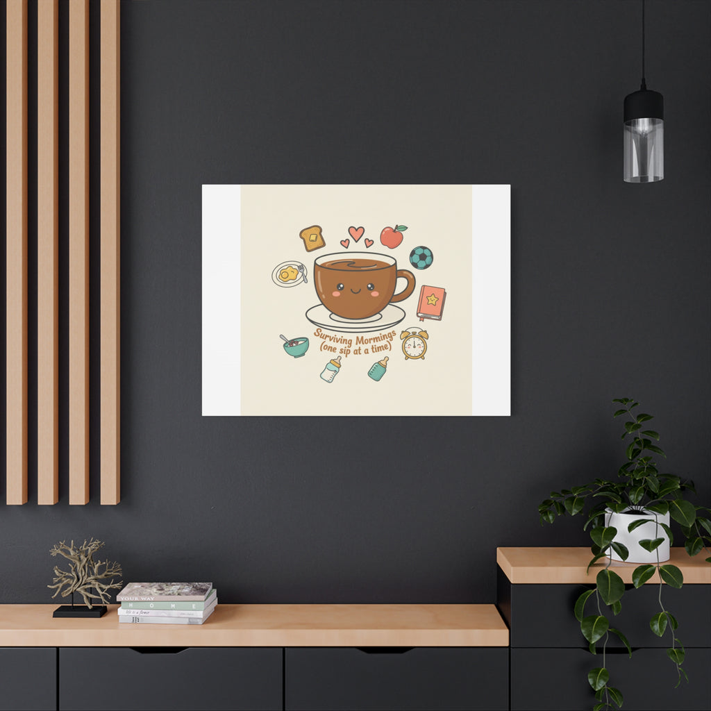Surviving Mornings (One Sip at a Time) Canvas | Parenting Morning Humor, Coffee & Kids
