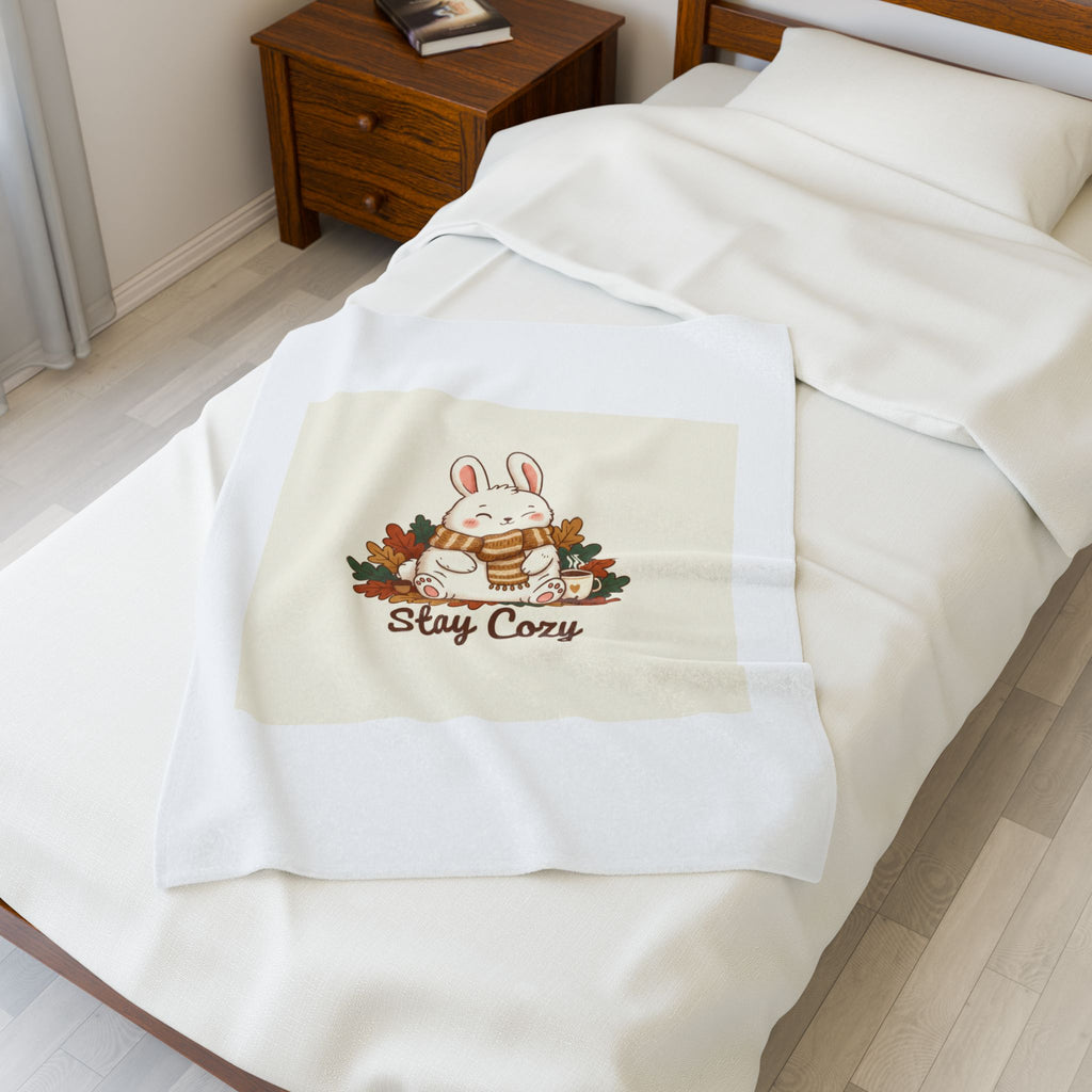 Stay Cozy Bunny, Plush Blanket | cute animal illustration, winter forest art