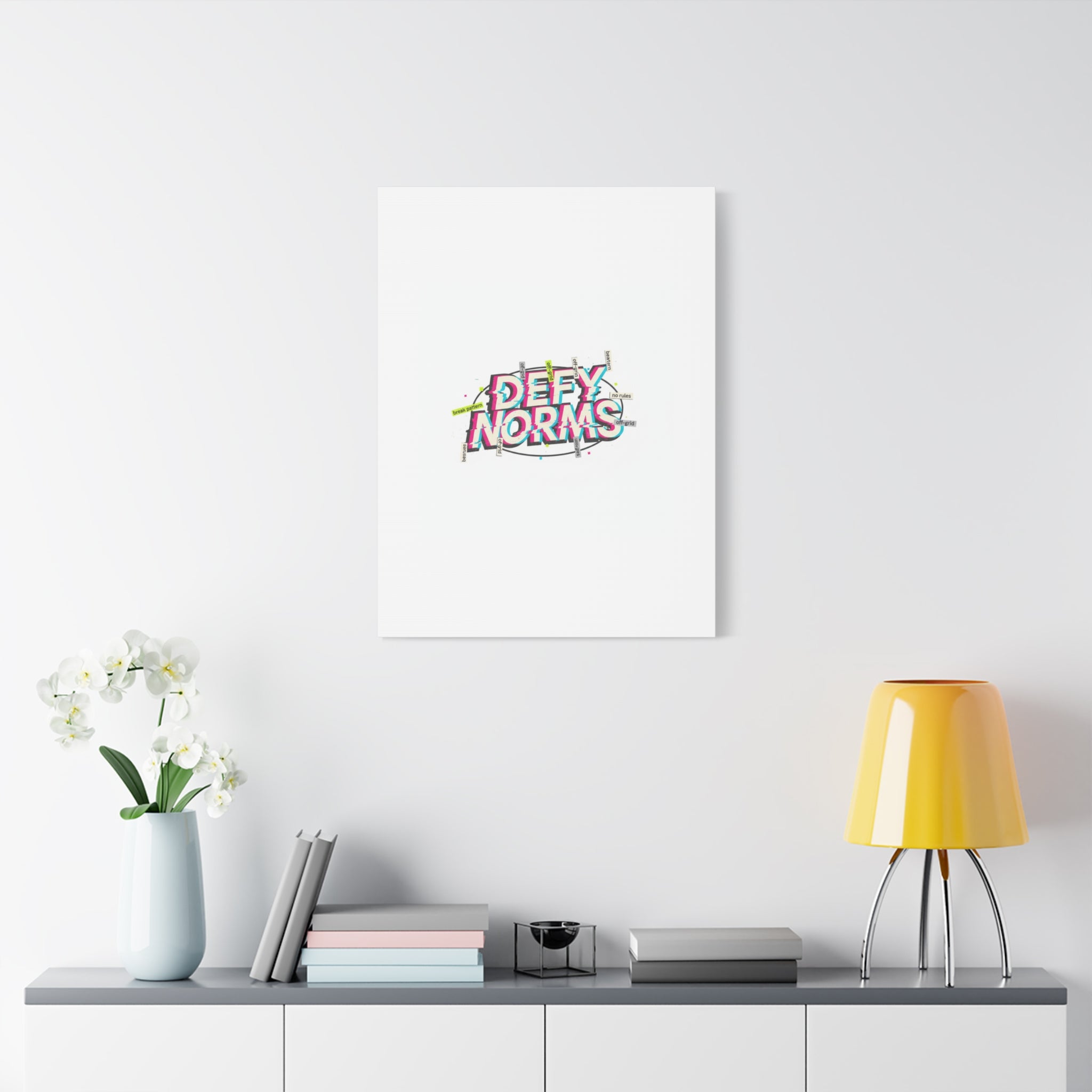 Defy Norms Canvas, Anti-Aesthetic Glitch Typography, Brutalist Poster Style
