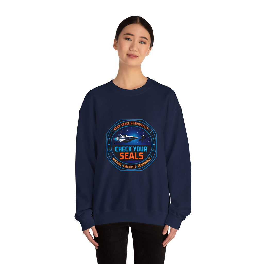 Check Your Seals Mission Patch Crewneck, hard sci‑fi space survival, mission patch sweatshirt