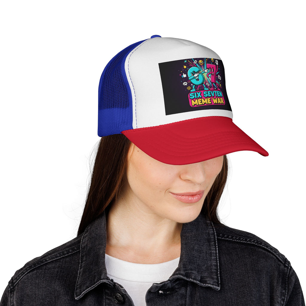 Trucker Cap - 'Six Seven Meme War' Colorful Retro Gaming Snapback