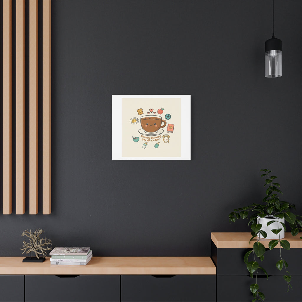 Surviving Mornings (One Sip at a Time) Canvas | Parenting Morning Humor, Coffee & Kids