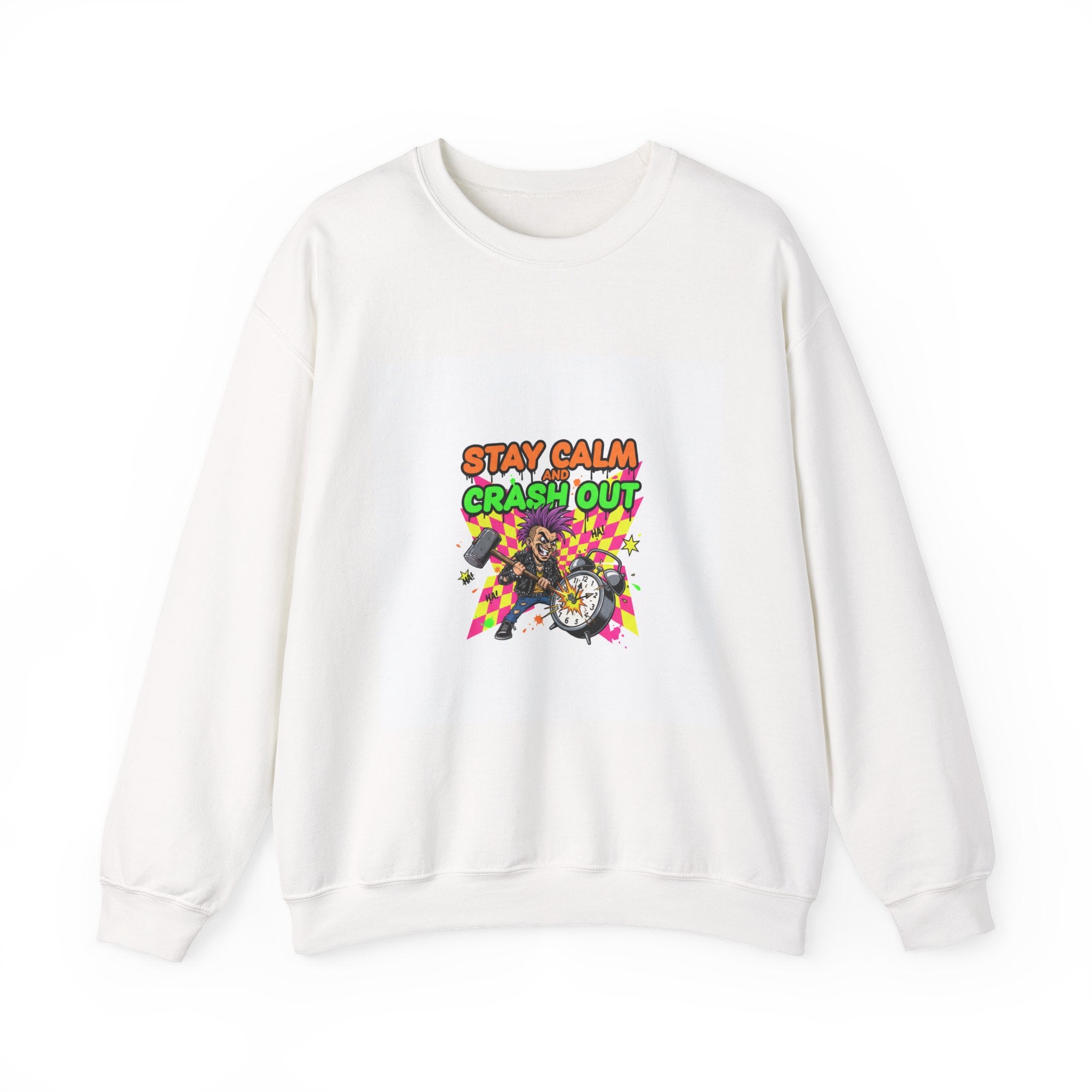 Stay Calm Crash Out Crewneck Sweatshirt | neon graffiti, meltdown design