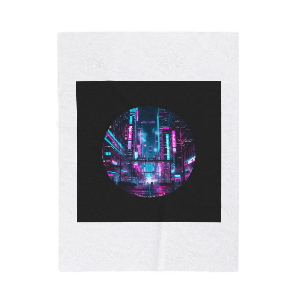 Neon Cyberpunk Cityscape Velveteen Plush Blanket | synthwave skyline
