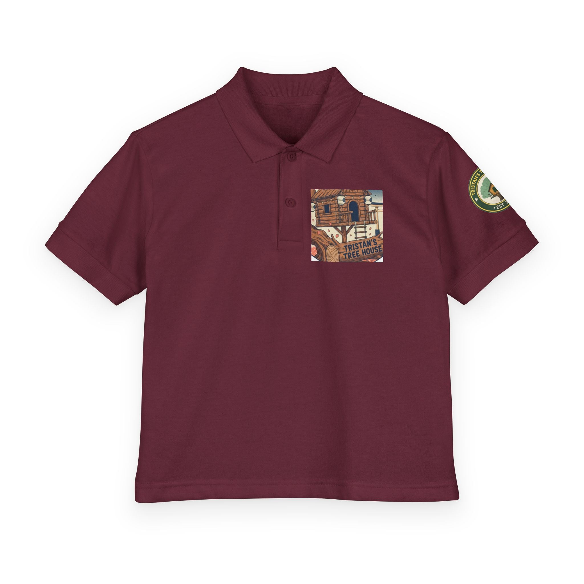 Youth Polo Shirt with Vintage Ski Lodge Pocket & Patch — Kids Outdoor/Resort Style