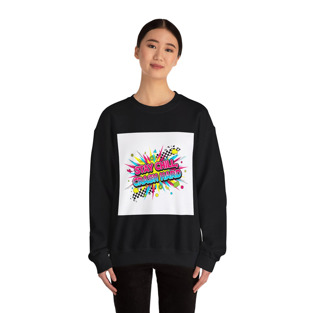 Stay Chill Crash Out Crewneck Sweatshirt | neon graffiti meltdown design