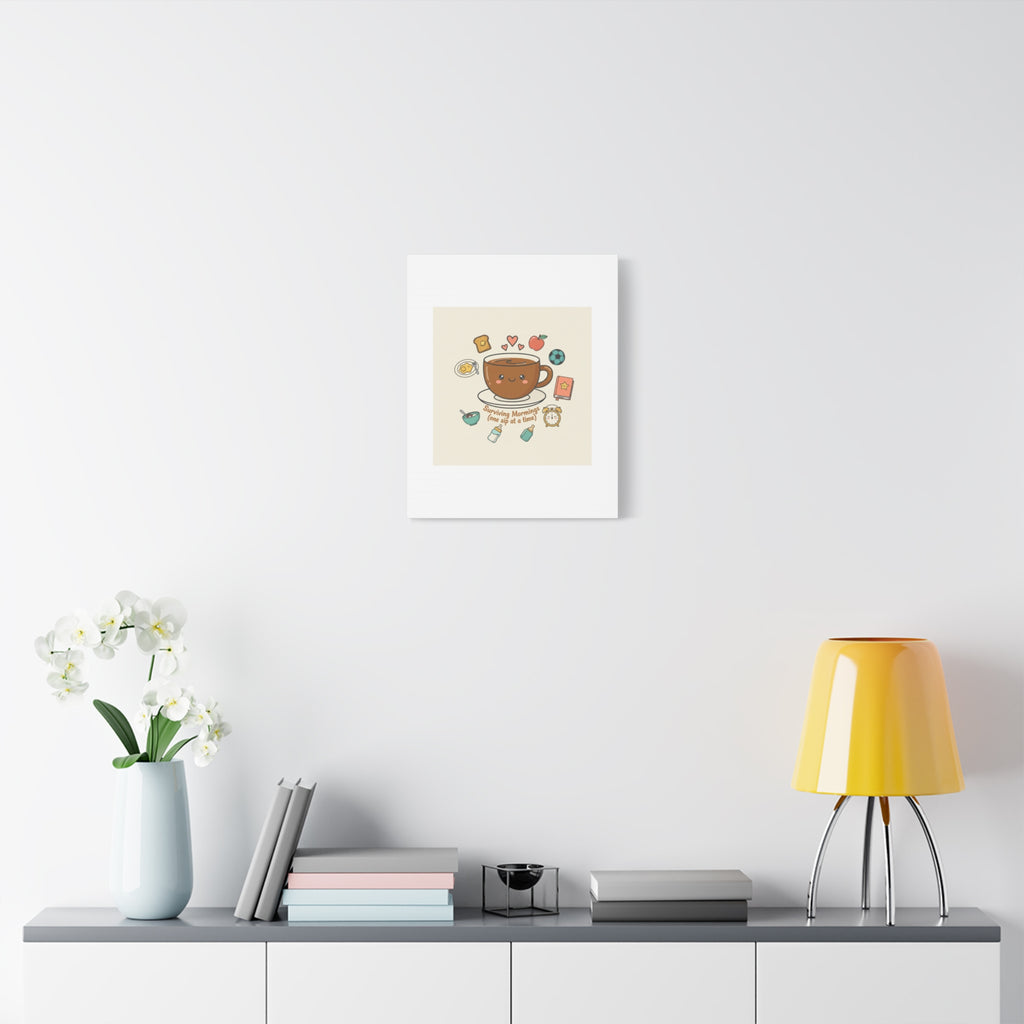 Surviving Mornings (One Sip at a Time) Canvas | Parenting Morning Humor, Coffee & Kids