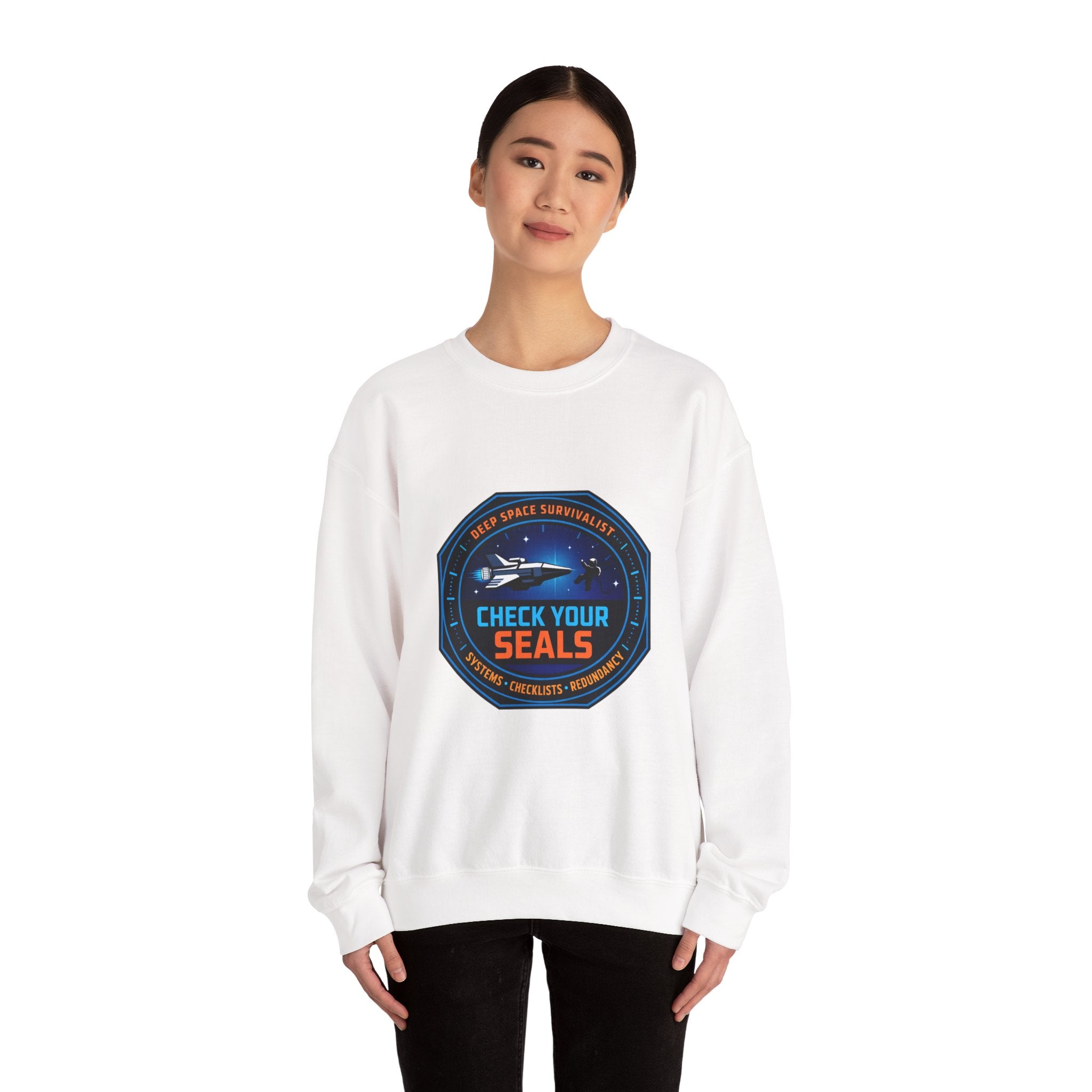 Check Your Seals Mission Patch Crewneck, hard sci‑fi space survival, mission patch sweatshirt