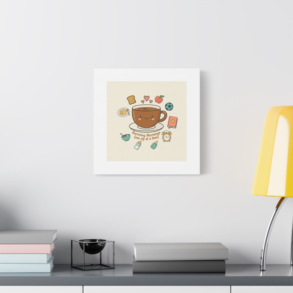 Surviving Mornings (One Sip at a Time) Canvas | Parenting Morning Humor, Coffee & Kids