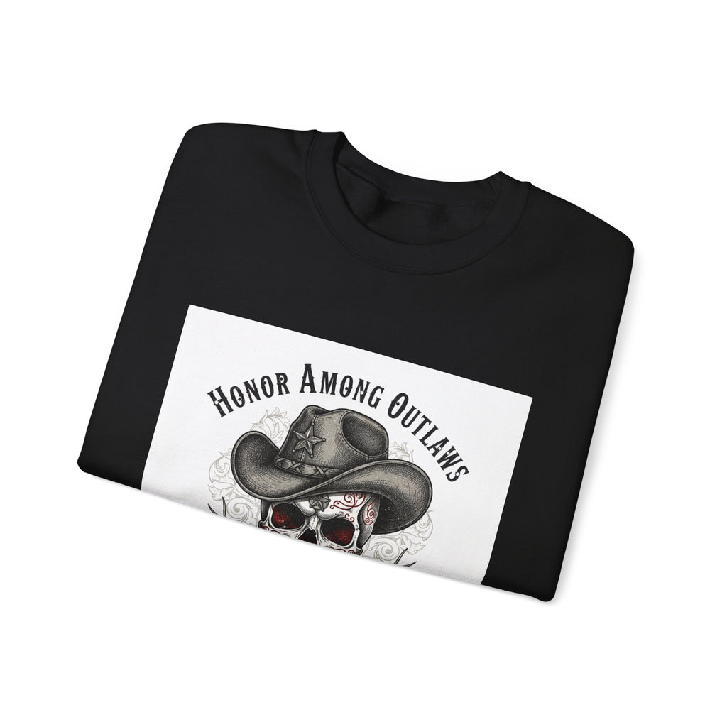 Honor Among Outlaws Crewneck, western skull art | gothic Americana, desert noir design