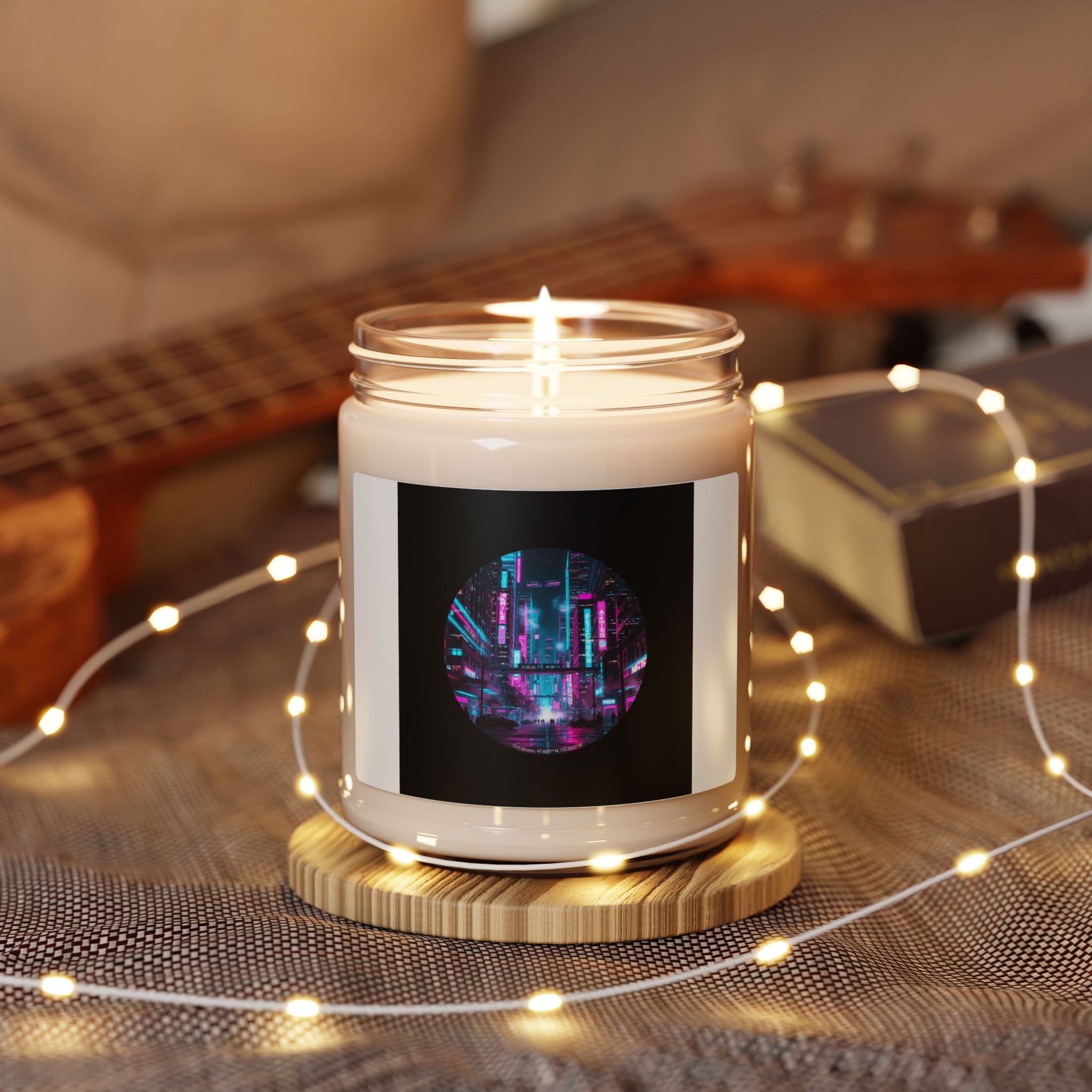 Neon Cyberpunk Skyline Candle, Soy Candle, Synthwave Cityscape