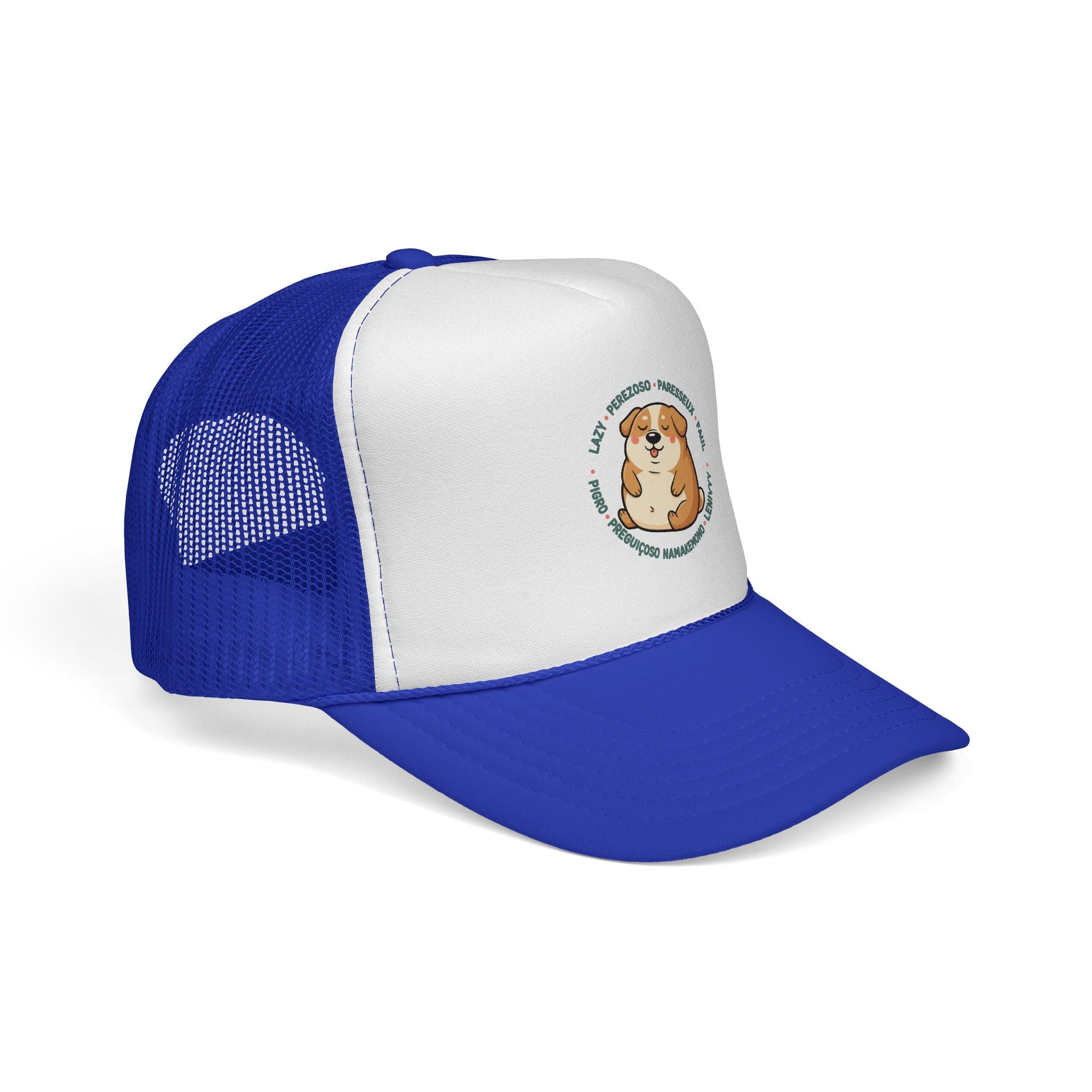 Funny Dog Meme Trucker Cap — "Fat Lazy" Multilingual Design (8 Languages)