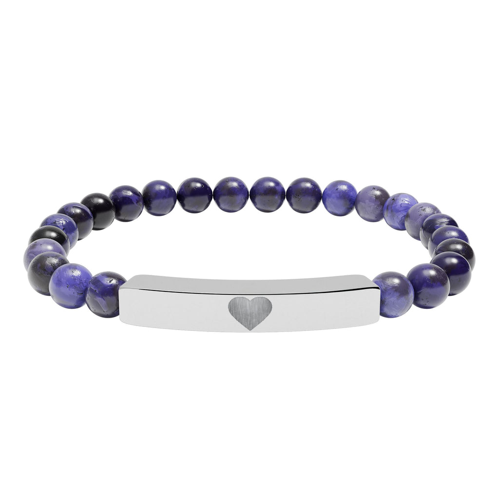 Engraved Natural Stone Stretch Bar Bracelet — Personalized Heart Bar Beaded Bracelet