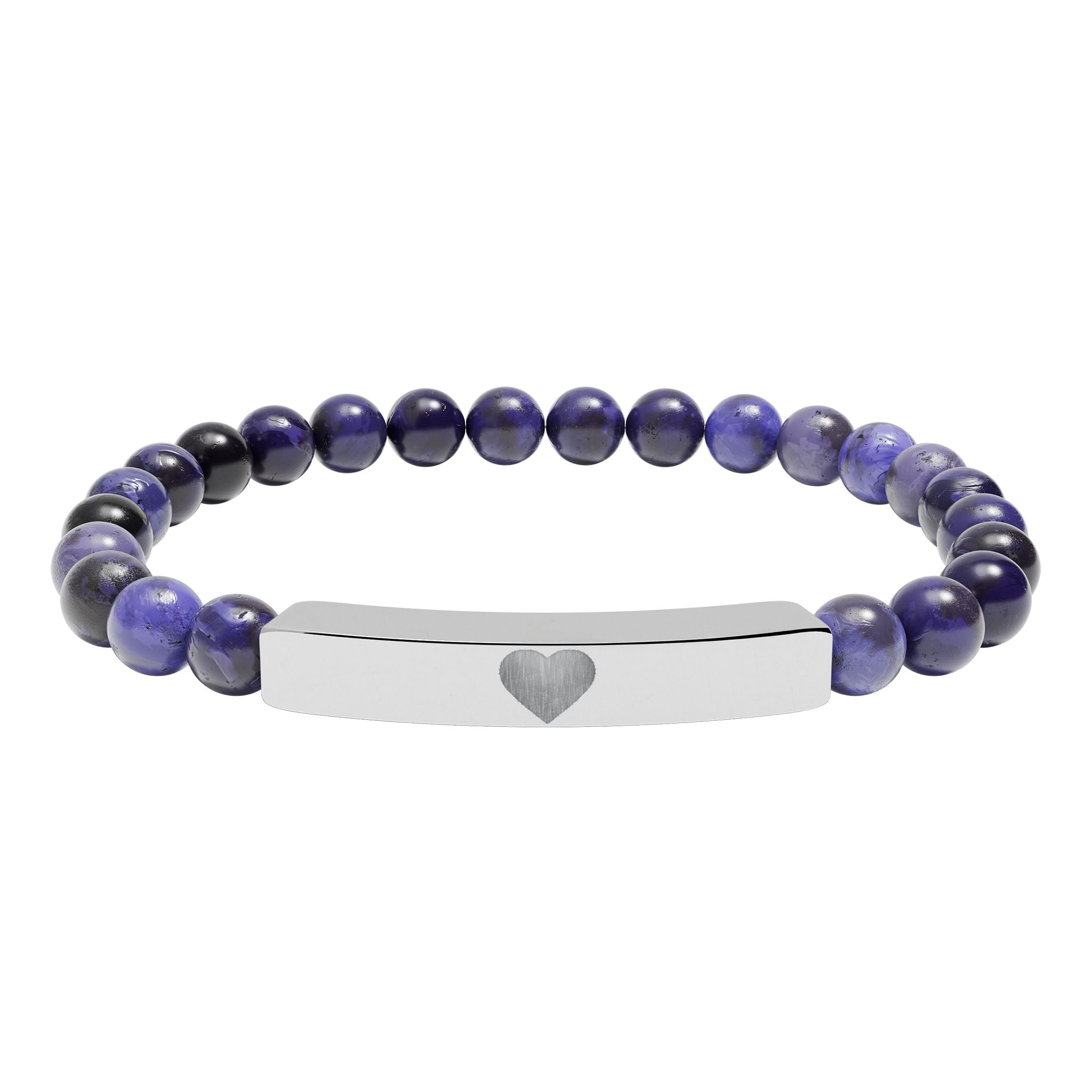 Engraved Natural Stone Stretch Bar Bracelet — Personalized Heart Bar Beaded Bracelet