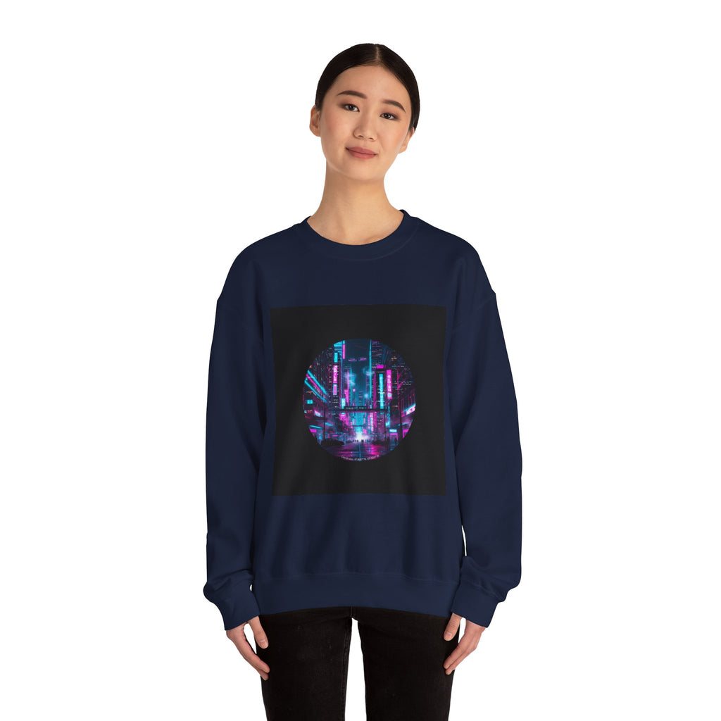Neon Cyberpunk Skyline Sweatshirt | synthwave cityscape, future city art