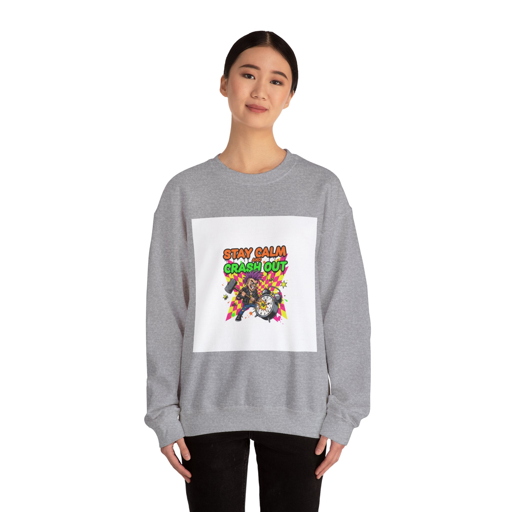 Stay Calm Crash Out Crewneck Sweatshirt | neon graffiti, meltdown design