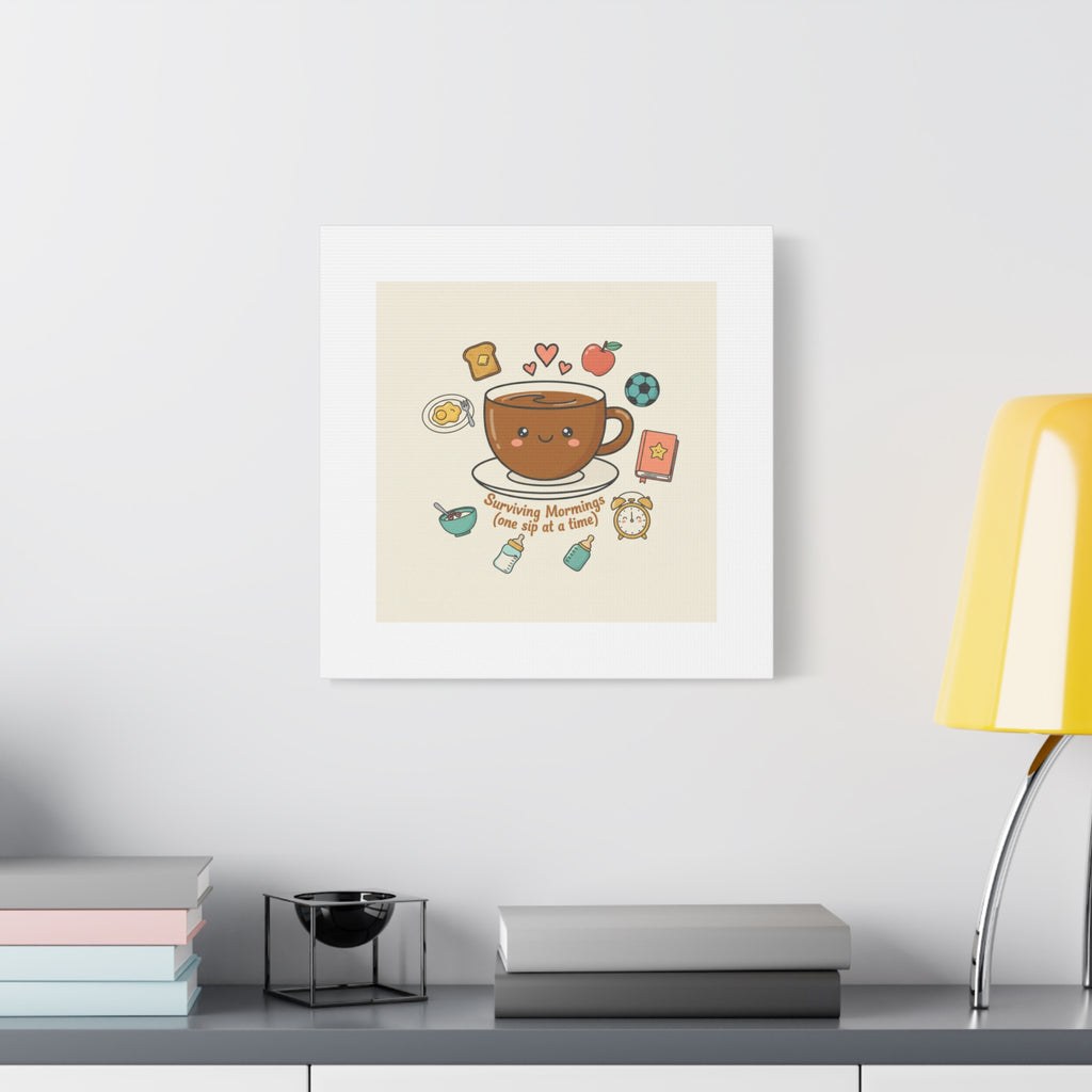 Surviving Mornings (One Sip at a Time) Canvas | Parenting Morning Humor, Coffee & Kids