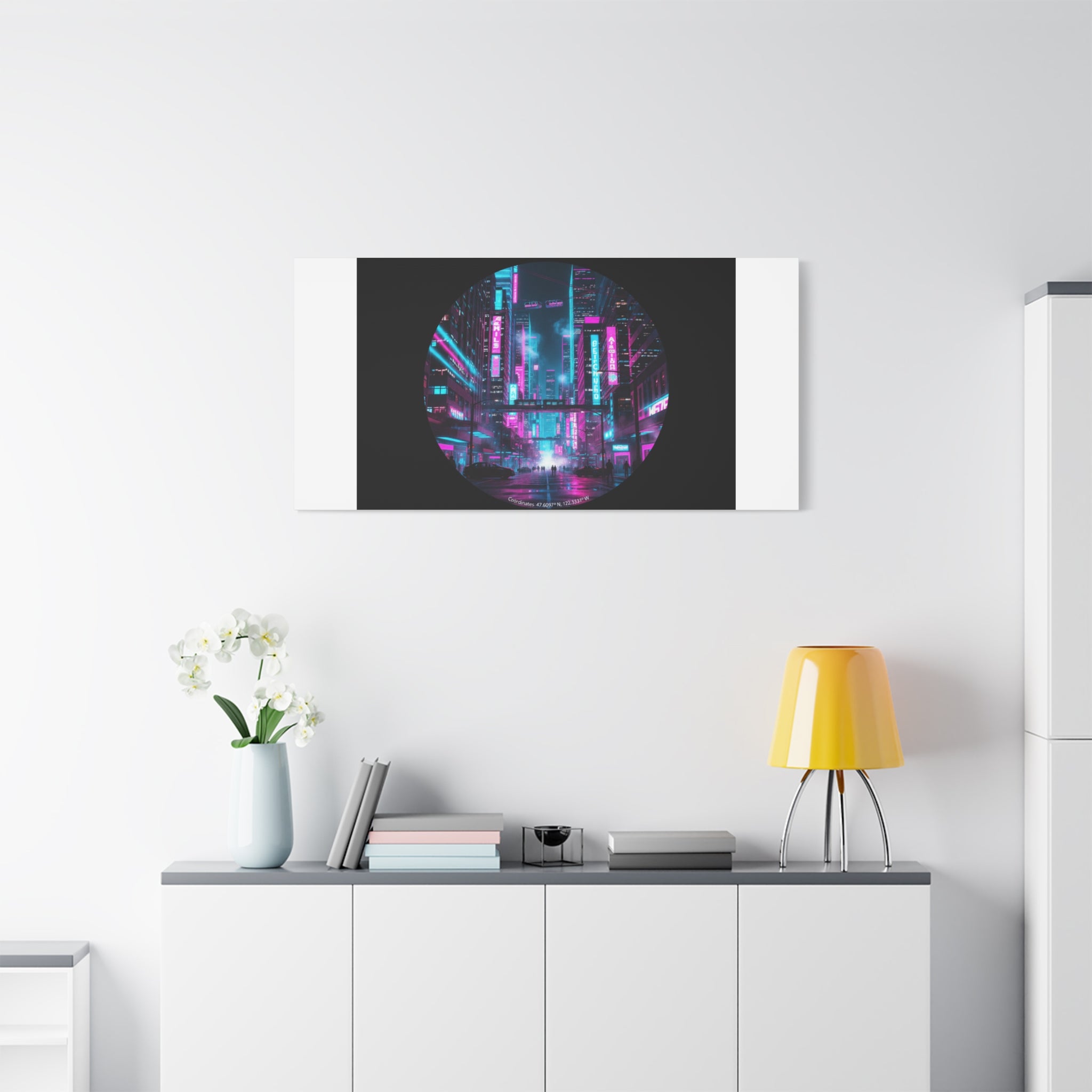 Neon Cyberpunk Cityscape Canvas | synthwave skyline, future city art