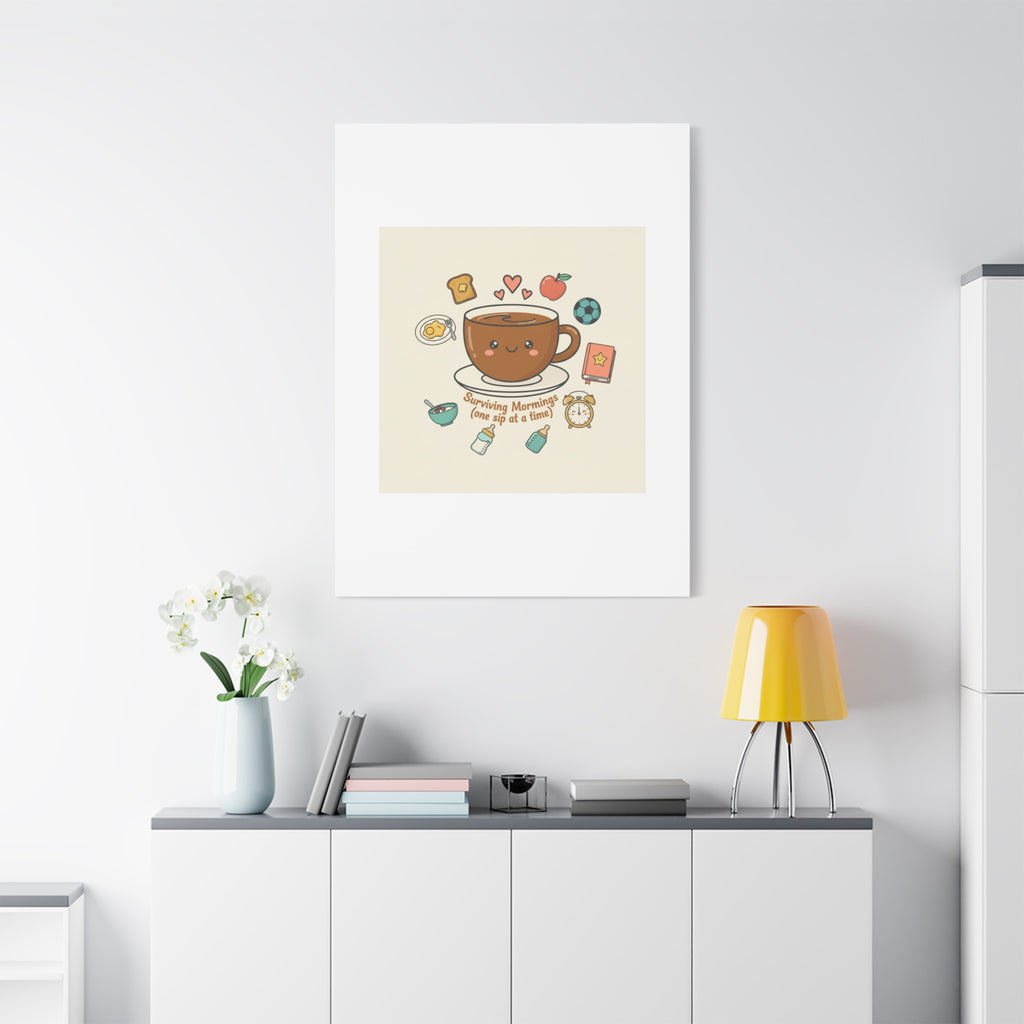 Surviving Mornings (One Sip at a Time) Canvas | Parenting Morning Humor, Coffee & Kids